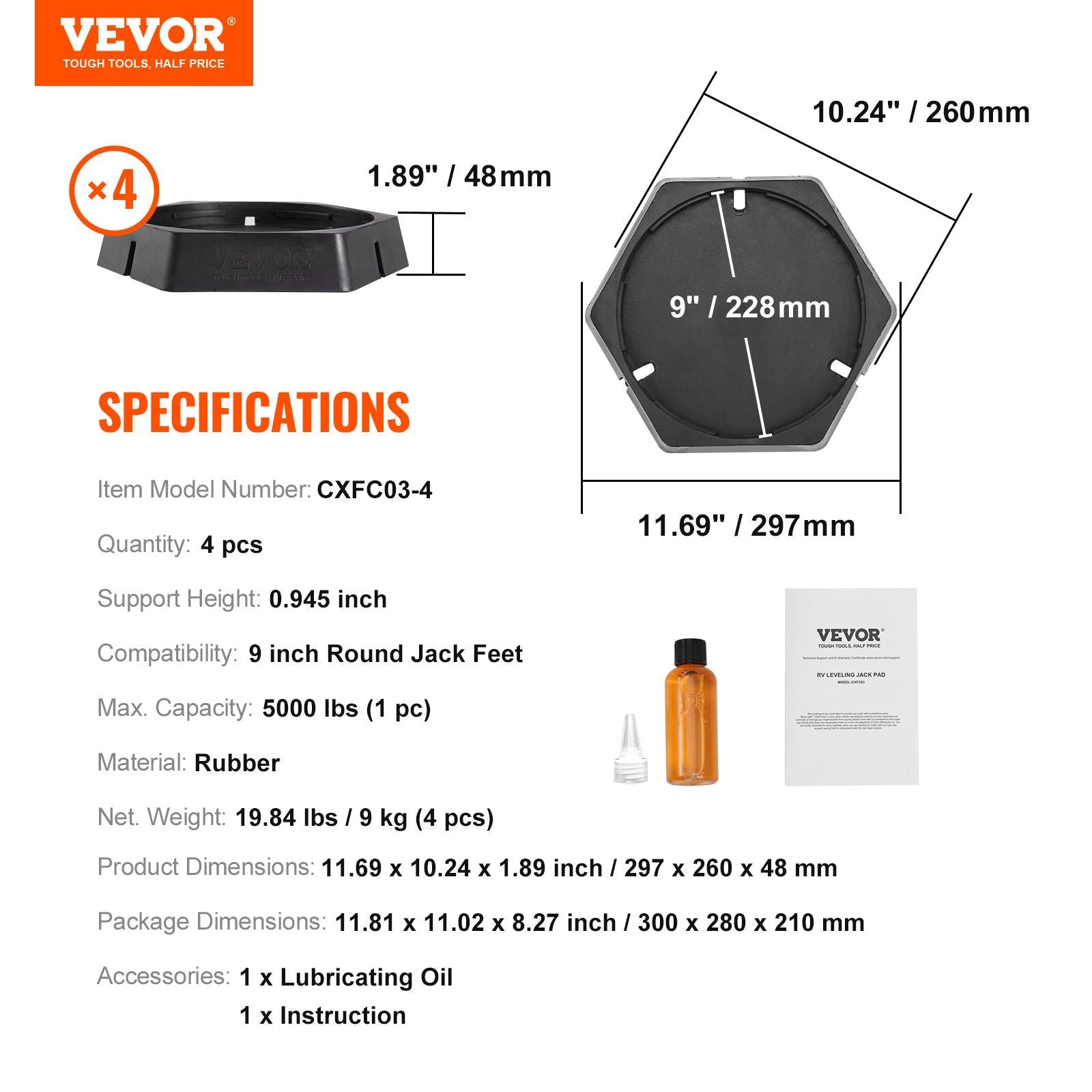 VEVOR RV Leveling Pads, 9 Inch Round Landing Feet, Permanent Attached Jack Stabilizers, Rubber Jack Pads, 5000 lbs Capacity per RV Jack Pad, 5th Wheels, Travel Trailers, Class A/C Motorhomes (4-Pack) 