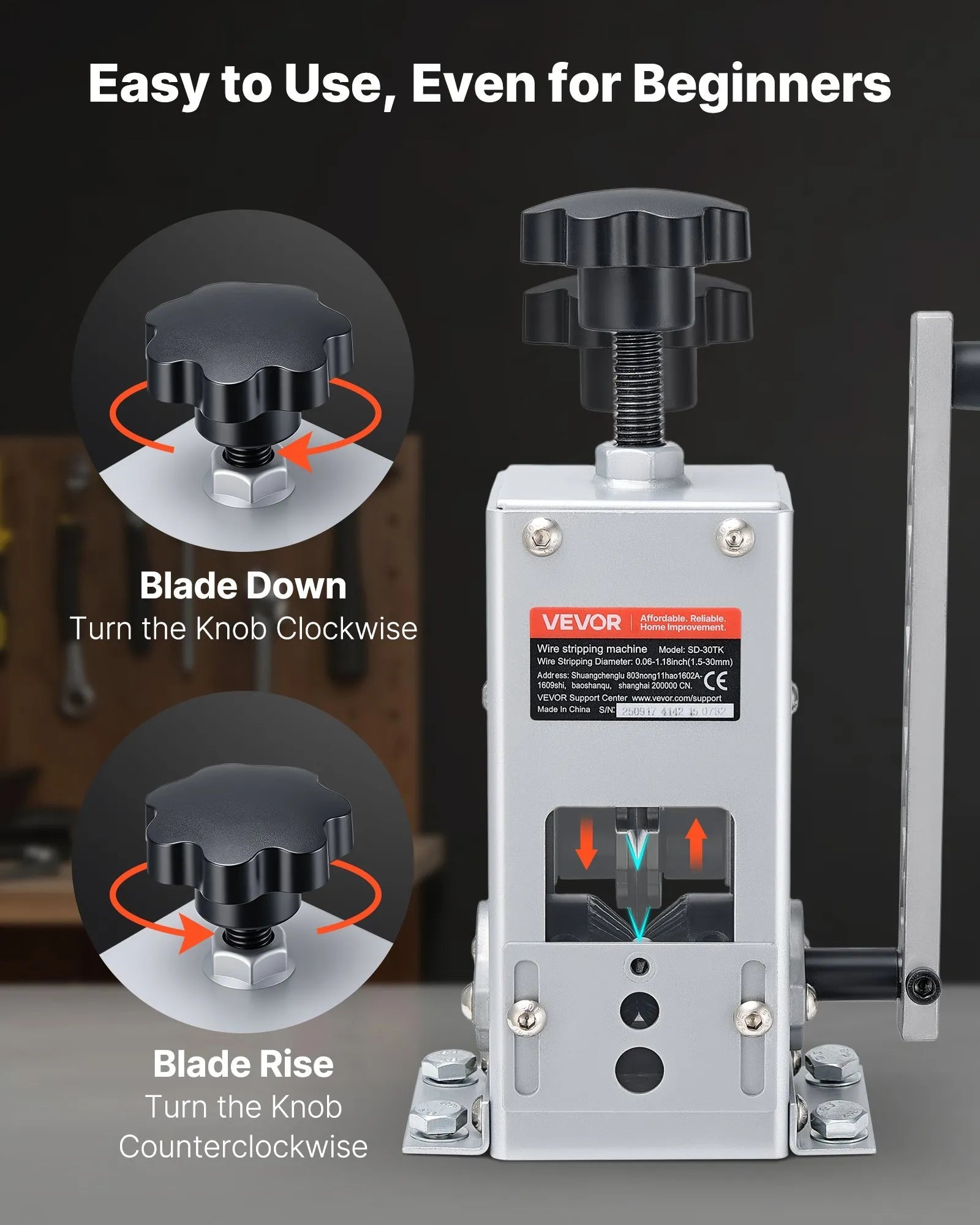 VEVOR Manual Wire Stripper Machine, 0.06-1.18 in, Copper Cable Stripper Tool, Hand Crank or Drill Powered Modes, Heavy-Duty Q235 Frame Wire Stripping Machine, Easy to Use, for Scrap Copper Recycling 