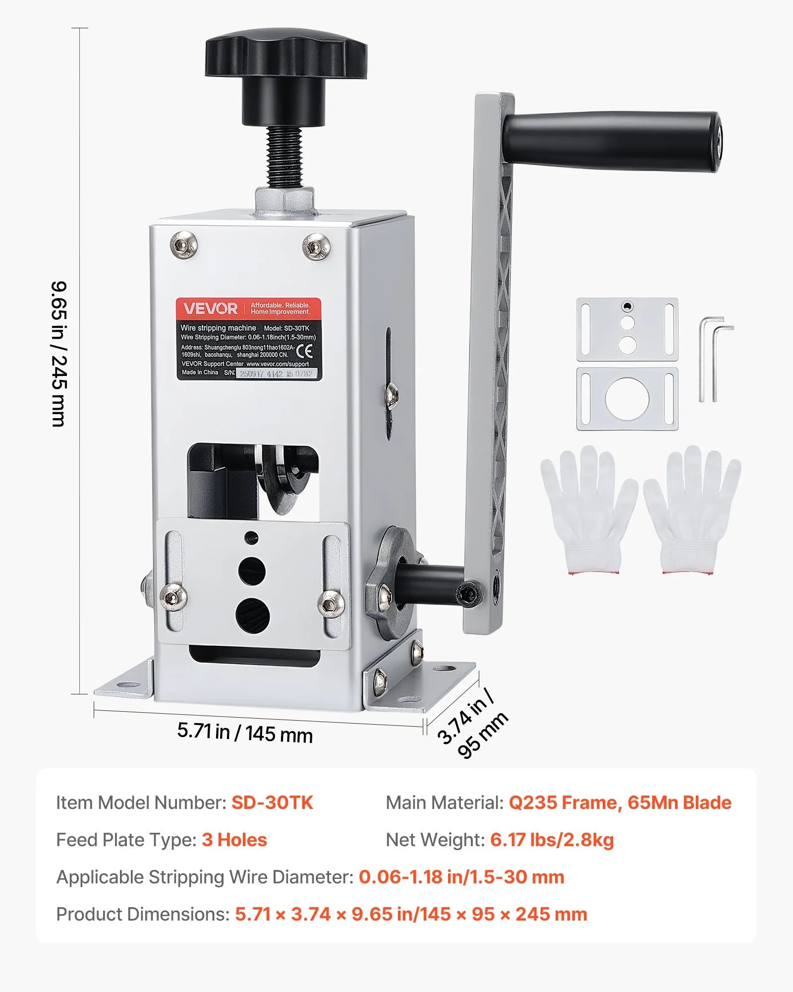 VEVOR Manual Wire Stripper Machine, 0.06-1.18 in, Copper Cable Stripper Tool, Hand Crank or Drill Powered Modes, Heavy-Duty Q235 Frame Wire Stripping Machine, Easy to Use, for Scrap Copper Recycling 