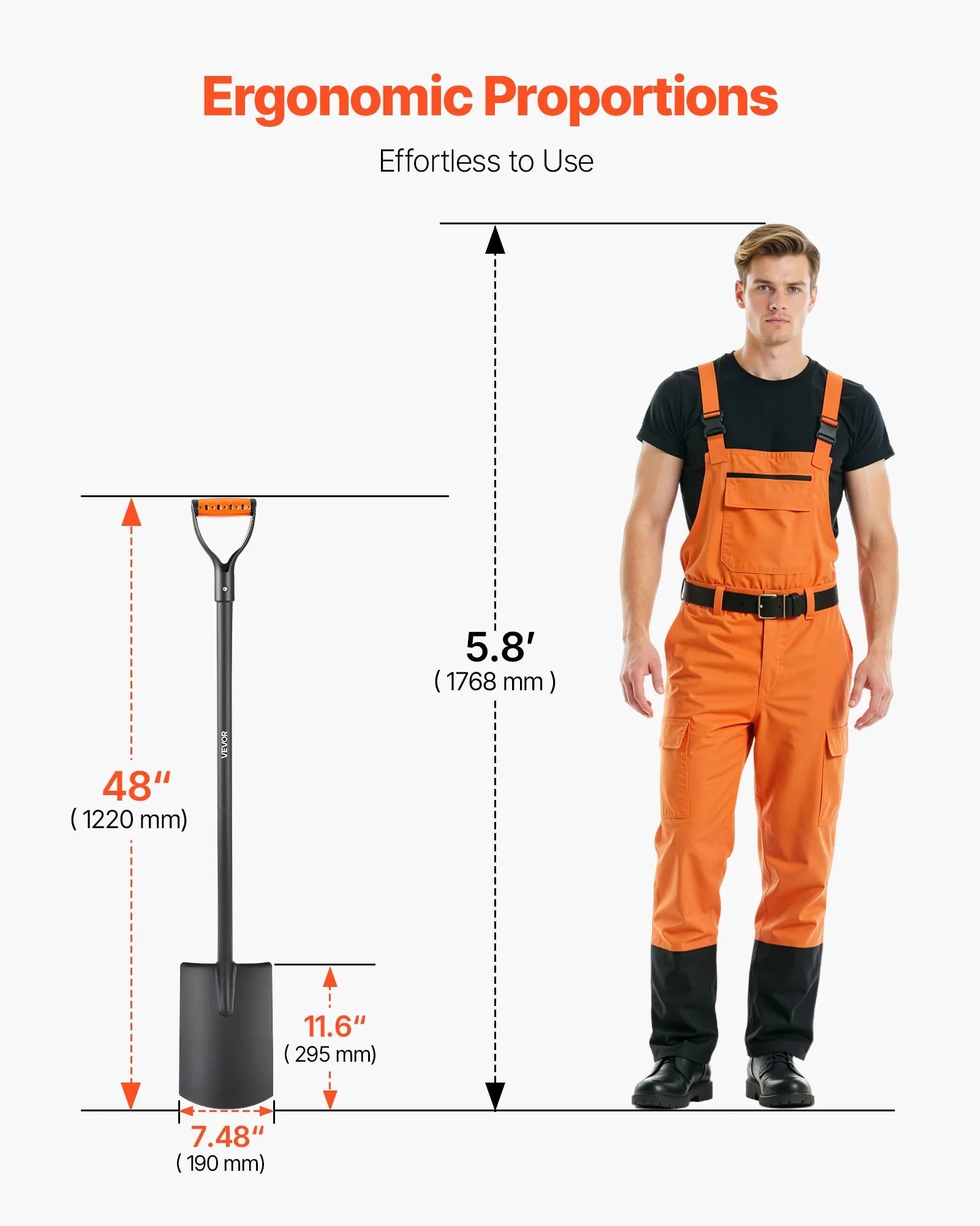 VEVOR Square Shovel, 48 in Heavy-Duty Flat Shovel, Transfer Shovels with Alloy Steel Blade and Non-Slip D-Handle, Detachable and Easy Storage, for Gardening, Construction, Digging, and Snow Shoveling 