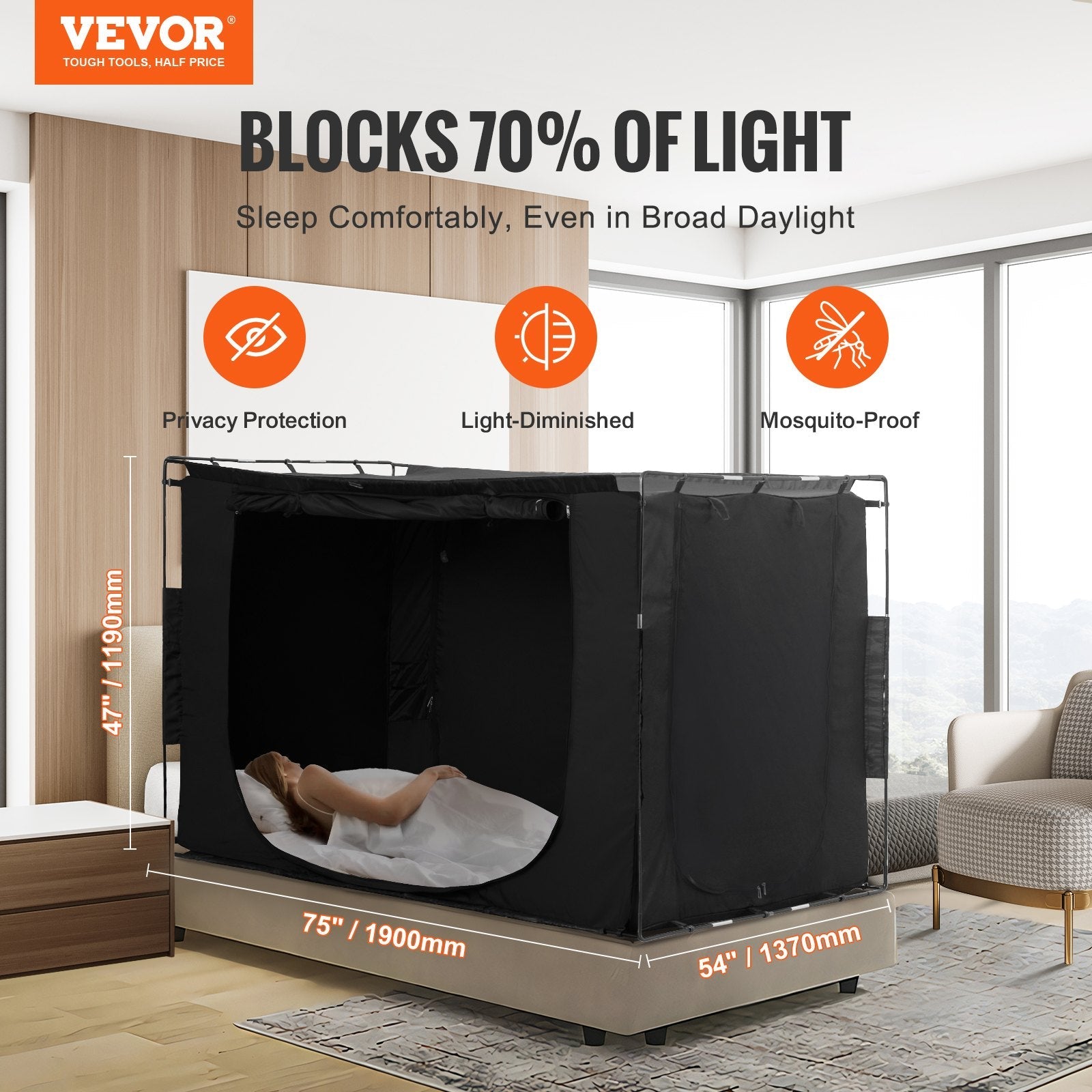 VEVOR 3 Doors Bed Tent Breathable Tent 70% Blackout with 0.37 in Fiber Poles 