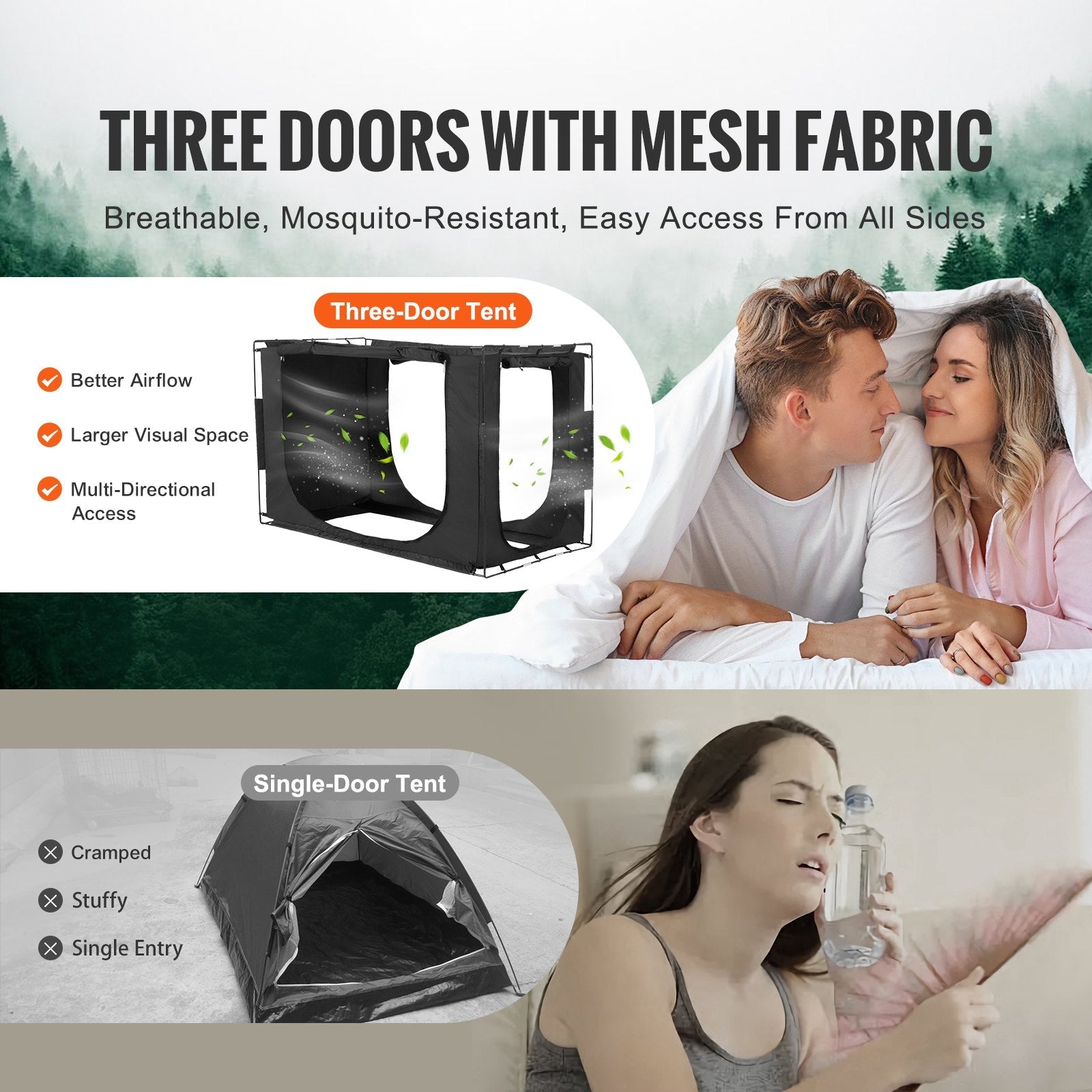 VEVOR 3 Doors Bed Tent Breathable Tent 70% Blackout with 0.37 in Fiber Poles 