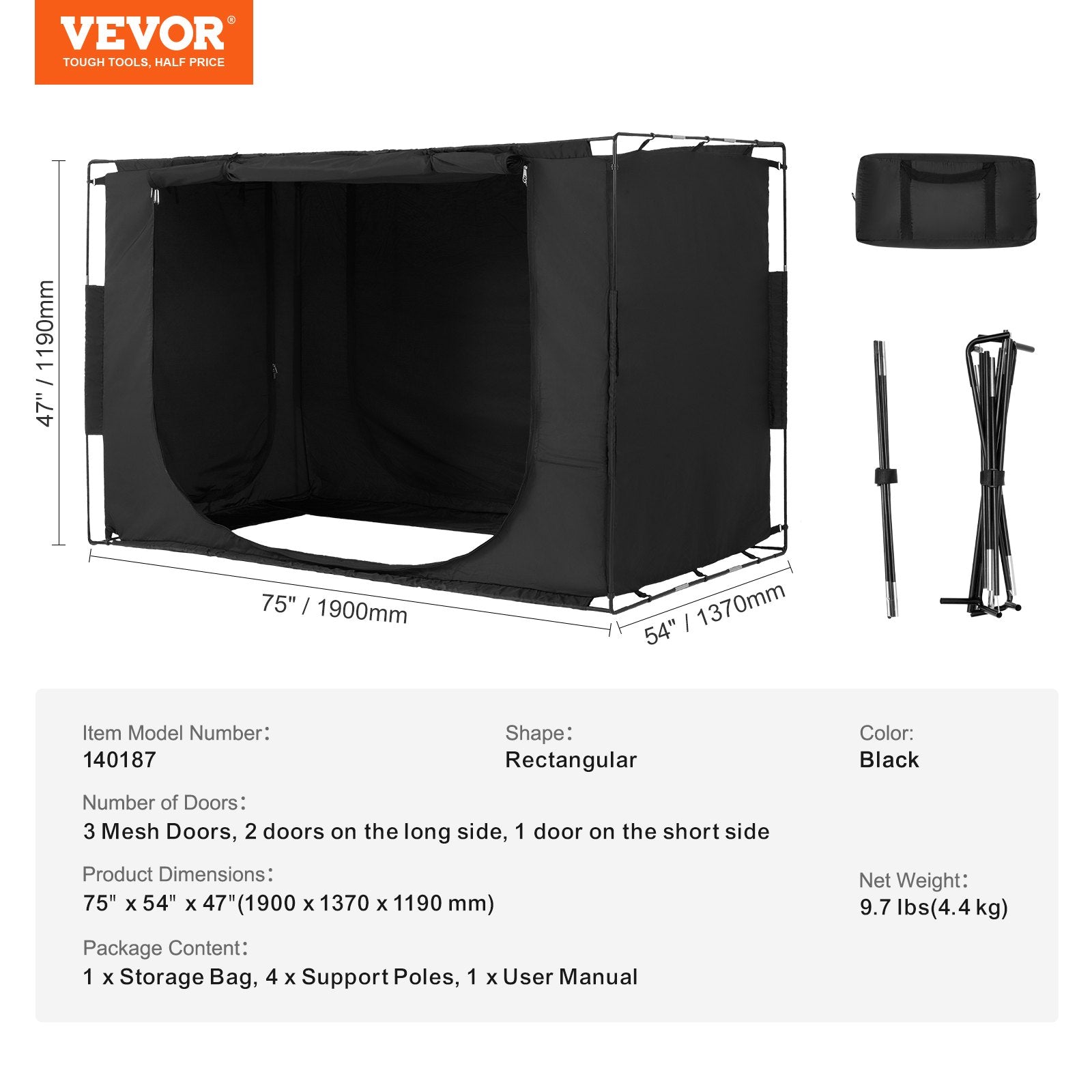 VEVOR 3 Doors Bed Tent Breathable Tent 70% Blackout with 0.37 in Fiber Poles 