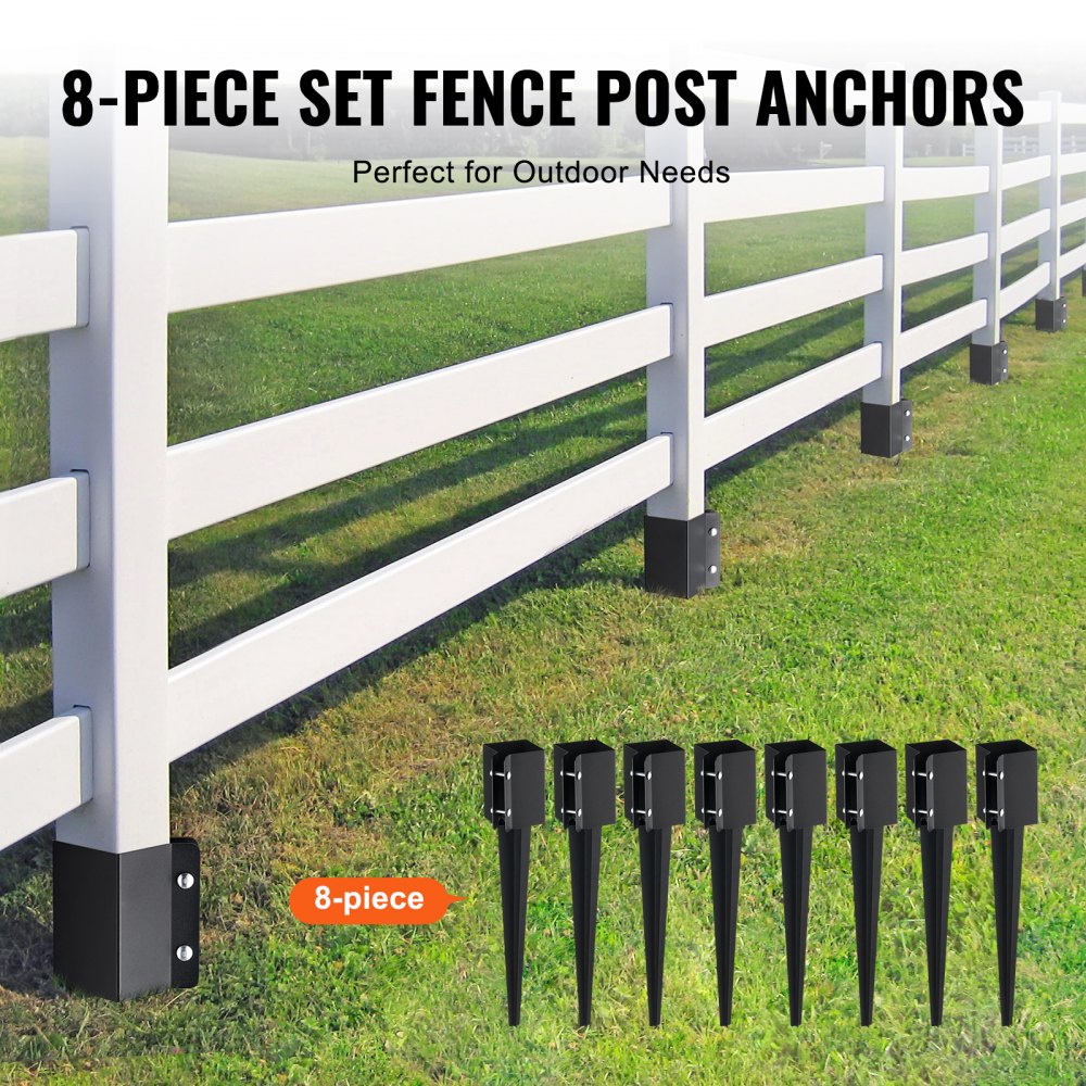 VEVOR Fence Post Anchor Ground Spike, 8 Pack 24 x 4 x 4 Inches Outer Diameter (Inner Diameter 3.5 x3.5 Inches), Metal Black Powder Coated Post Stake Ground, for Mailbox Deck Garden Railing 