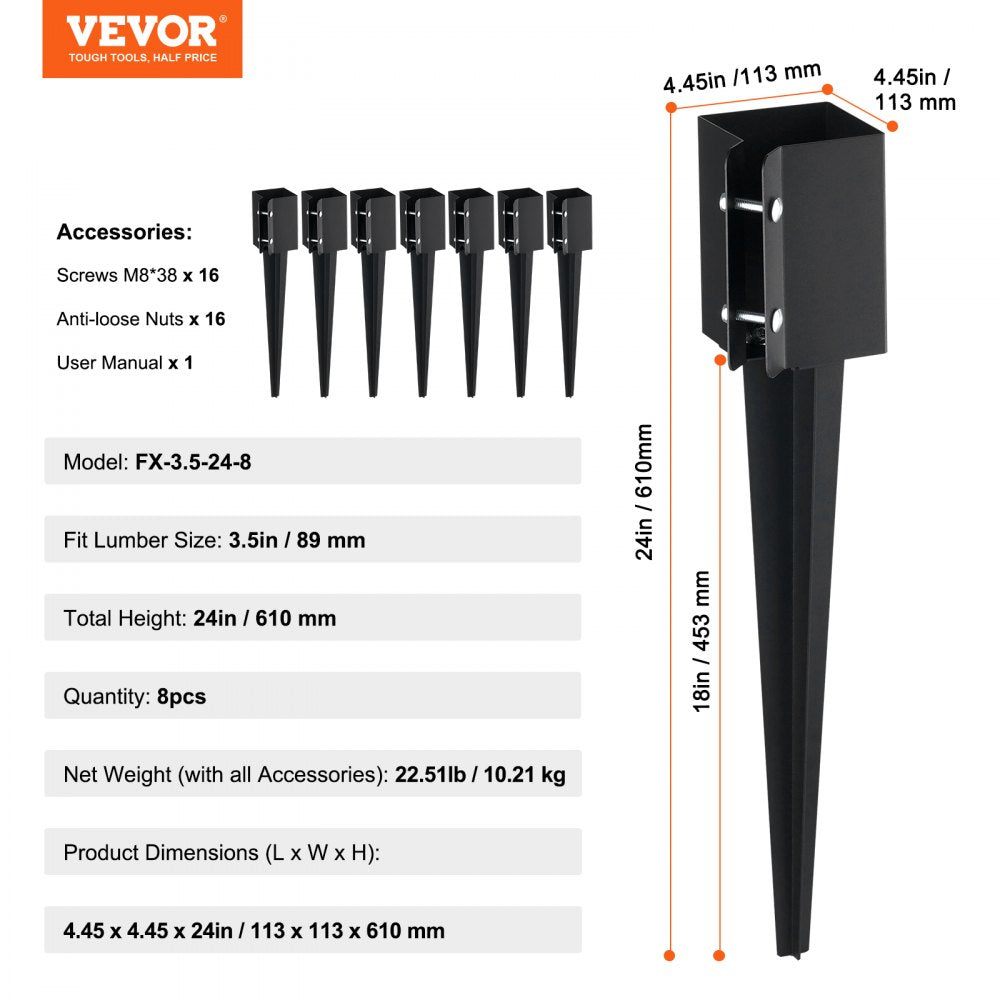 VEVOR Fence Post Anchor Ground Spike, 8 Pack 24 x 4 x 4 Inches Outer Diameter (Inner Diameter 3.5 x3.5 Inches), Metal Black Powder Coated Post Stake Ground, for Mailbox Deck Garden Railing 