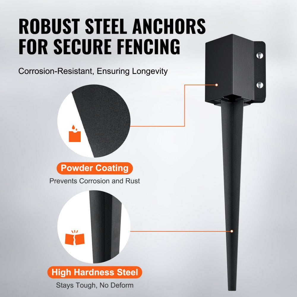 VEVOR Fence Post Anchor Ground Spike, 4 Pack 24 x 4 x 4 Inches Outer Diameter (Inner Diameter 3.5 x3.5 Inches), Metal Black Powder Coated Post Stake Ground, for Mailbox Deck Garden Railing 