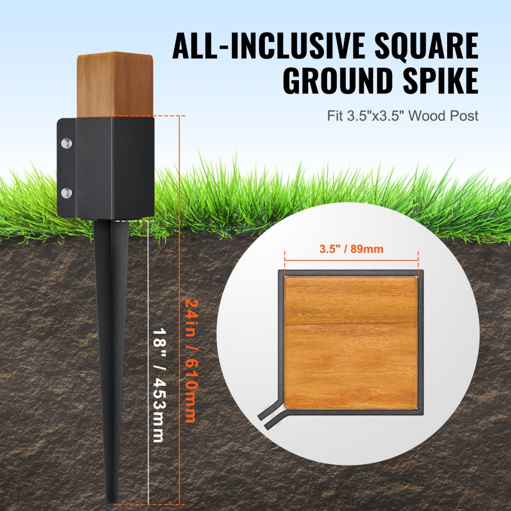 VEVOR Fence Post Anchor Ground Spike, 4 Pack 24 x 4 x 4 Inches Outer Diameter (Inner Diameter 3.5 x3.5 Inches), Metal Black Powder Coated Post Stake Ground, for Mailbox Deck Garden Railing 