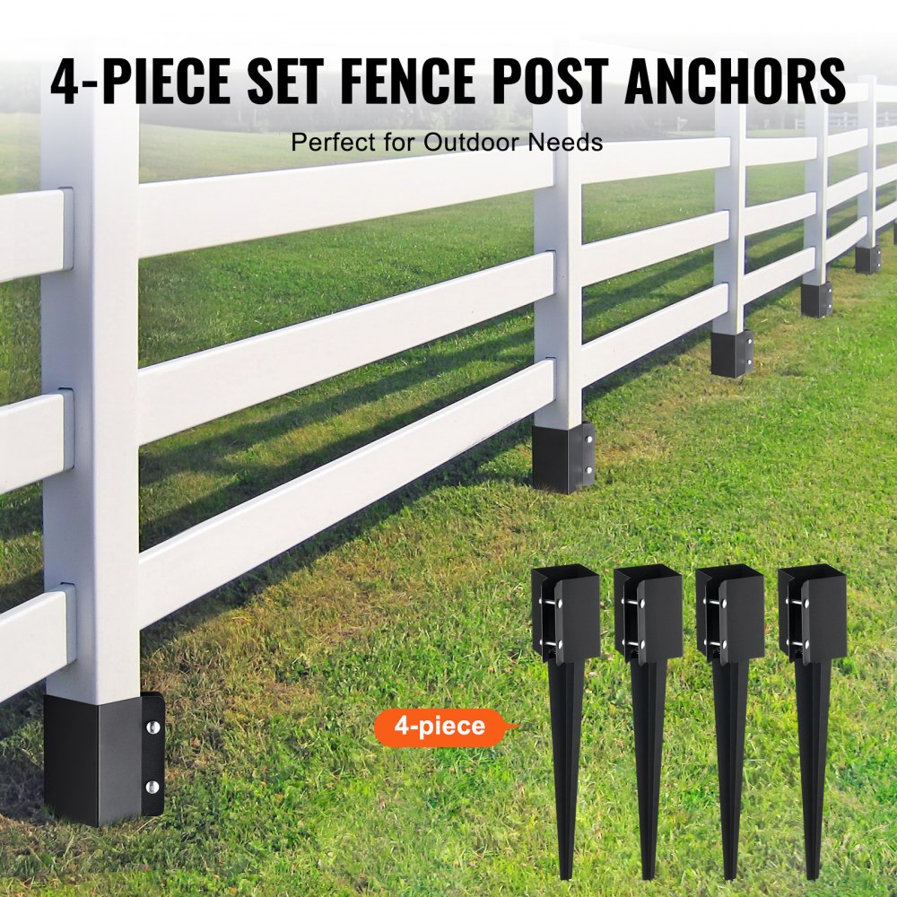 VEVOR Fence Post Anchor Ground Spike, 4 Pack 24 x 4 x 4 Inches Outer Diameter (Inner Diameter 3.5 x3.5 Inches), Metal Black Powder Coated Post Stake Ground, for Mailbox Deck Garden Railing 