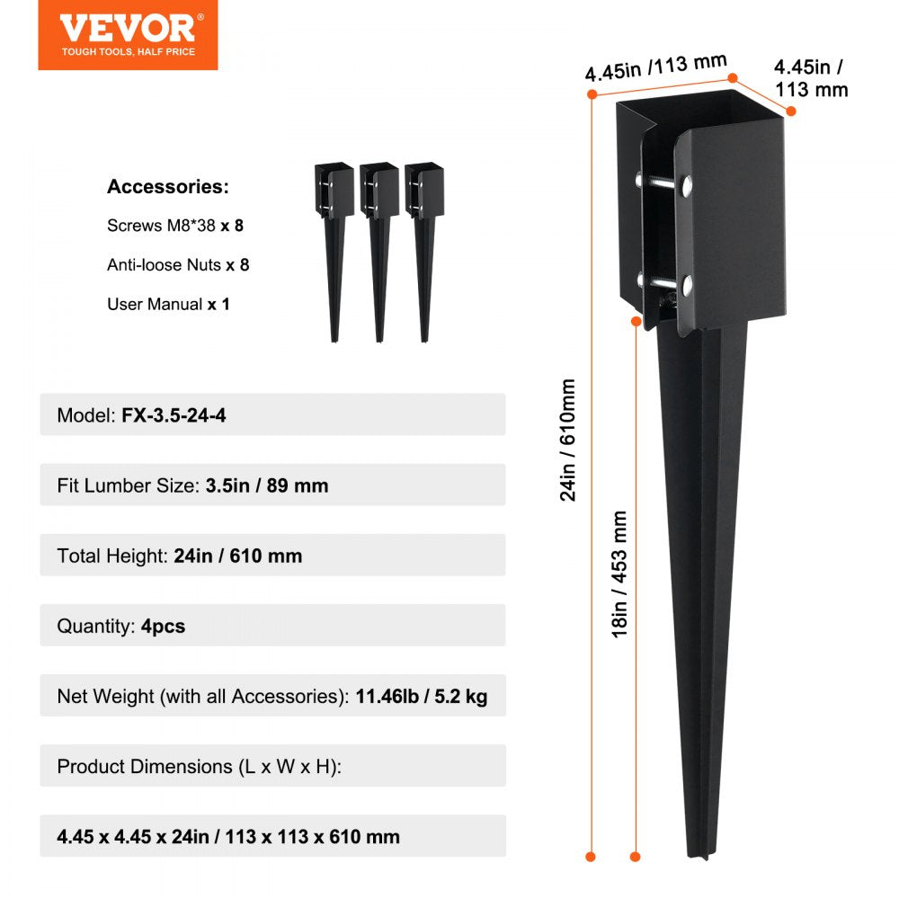 VEVOR Fence Post Anchor Ground Spike, 4 Pack 24 x 4 x 4 Inches Outer Diameter (Inner Diameter 3.5 x3.5 Inches), Metal Black Powder Coated Post Stake Ground, for Mailbox Deck Garden Railing 