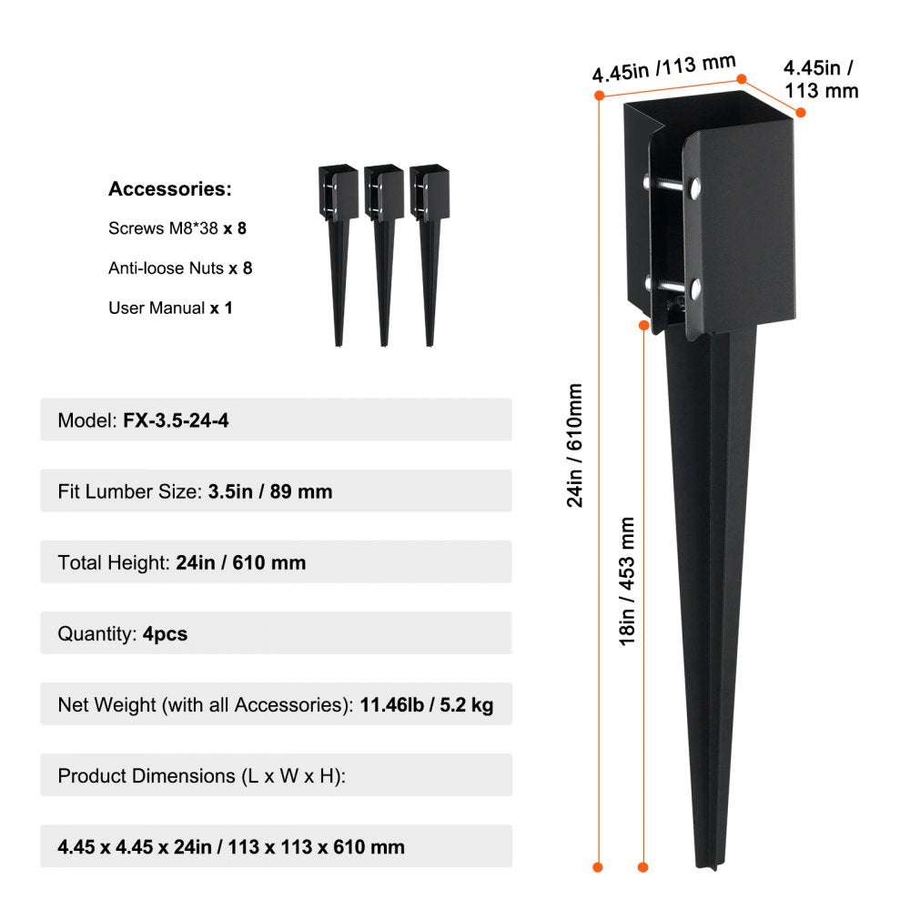 VEVOR Fence Post Anchor Ground Spike, 4 Pack 24 x 4 x 4 Inches Outer Diameter (Inner Diameter 3.5 x3.5 Inches), Metal Black Powder Coated Post Stake Ground, for Mailbox Deck Garden Railing 