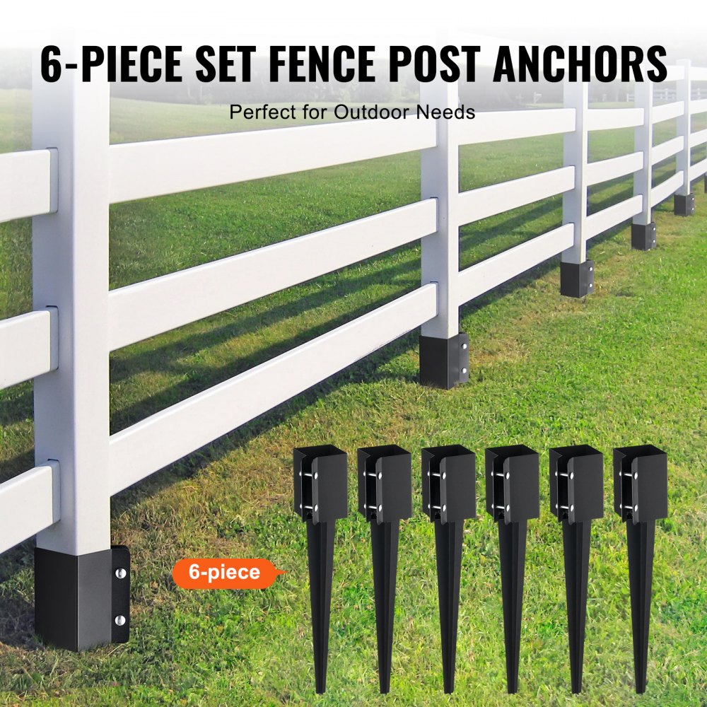 VEVOR Fence Post Anchor Ground Spike, 6 Pack 24 x 4 x 4 Inches Outer Diameter (Inner Diameter 3.5 x3.5 Inches), Metal Black Powder Coated Post Stake Ground, for Mailbox Deck Garden Railing 