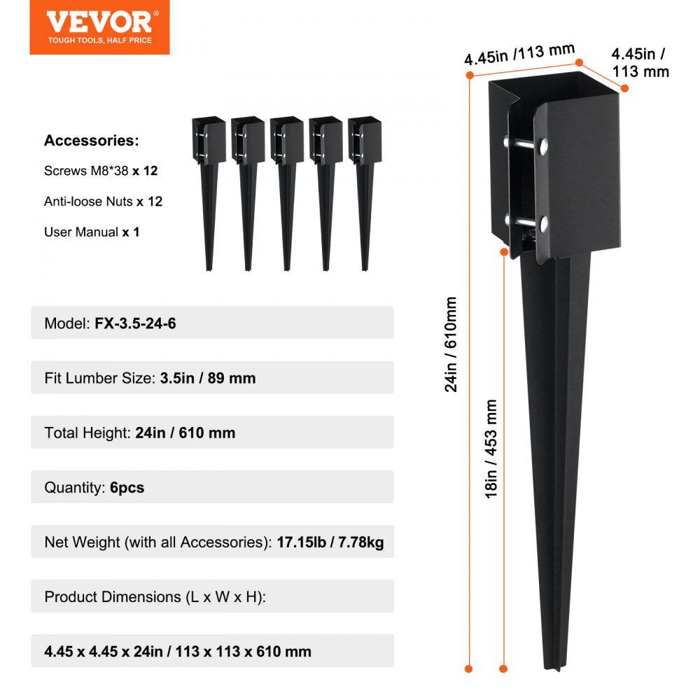 VEVOR Fence Post Anchor Ground Spike, 6 Pack 24 x 4 x 4 Inches Outer Diameter (Inner Diameter 3.5 x3.5 Inches), Metal Black Powder Coated Post Stake Ground, for Mailbox Deck Garden Railing 