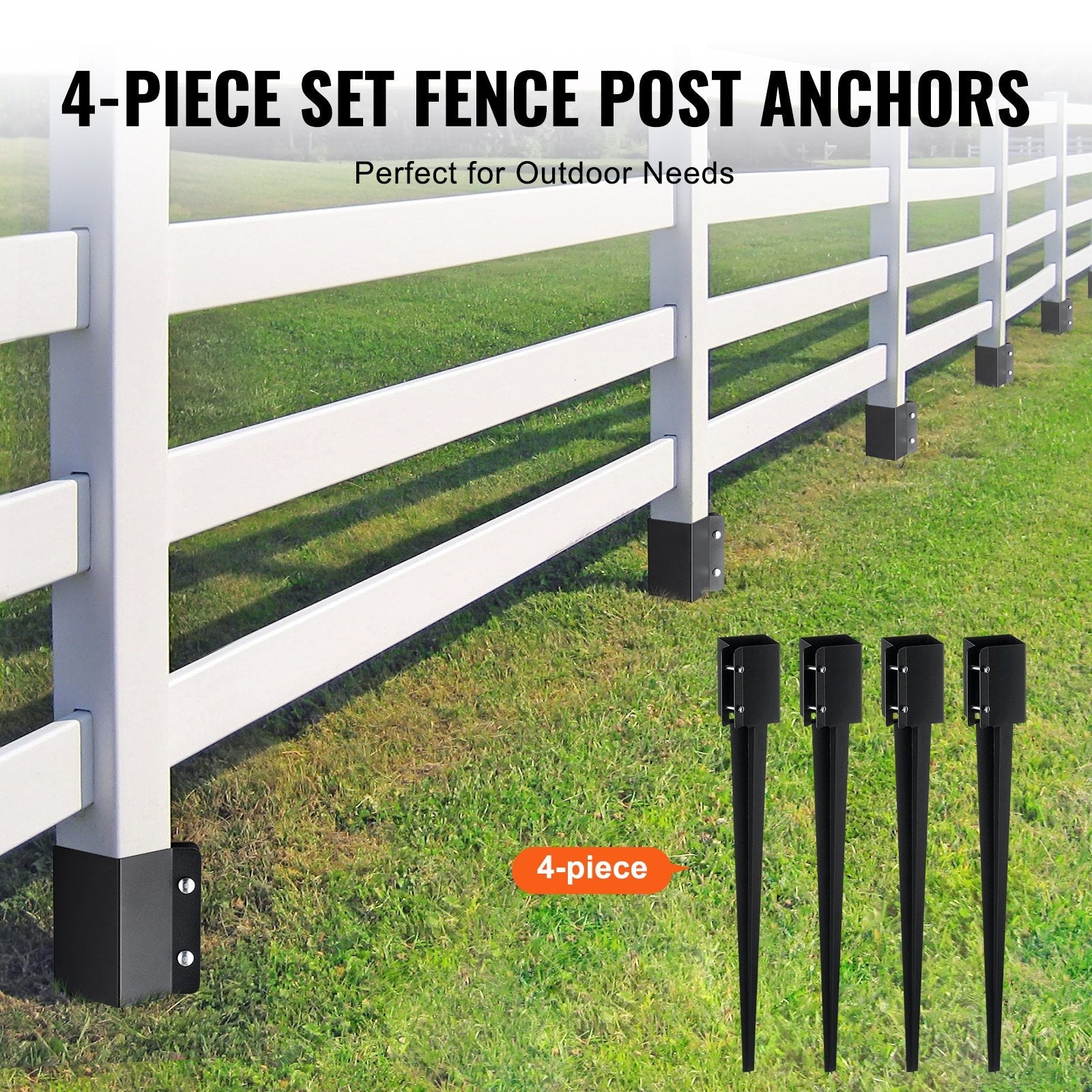 VEVOR Fence Post Anchor Ground Spike, 4 Pack 36 x 4 x 4 Inches Outer Diameter (Inner Diameter 3.5 x3.5 Inches), Metal Black Powder Coated Post Stake Ground, for Mailbox Deck Garden Railing 