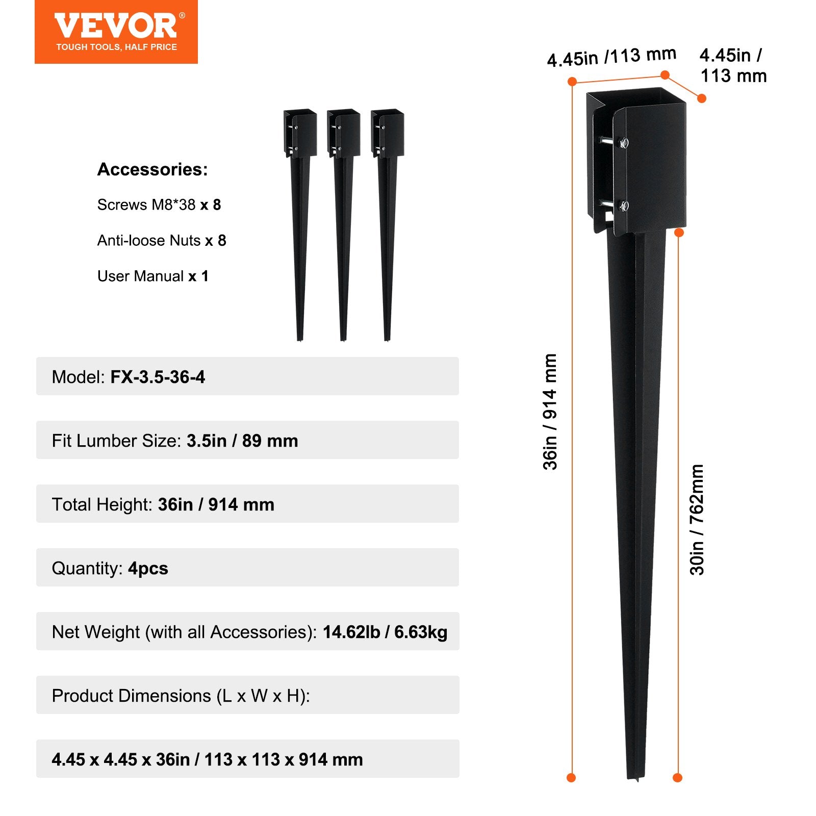 VEVOR Fence Post Anchor Ground Spike, 4 Pack 36 x 4 x 4 Inches Outer Diameter (Inner Diameter 3.5 x3.5 Inches), Metal Black Powder Coated Post Stake Ground, for Mailbox Deck Garden Railing 