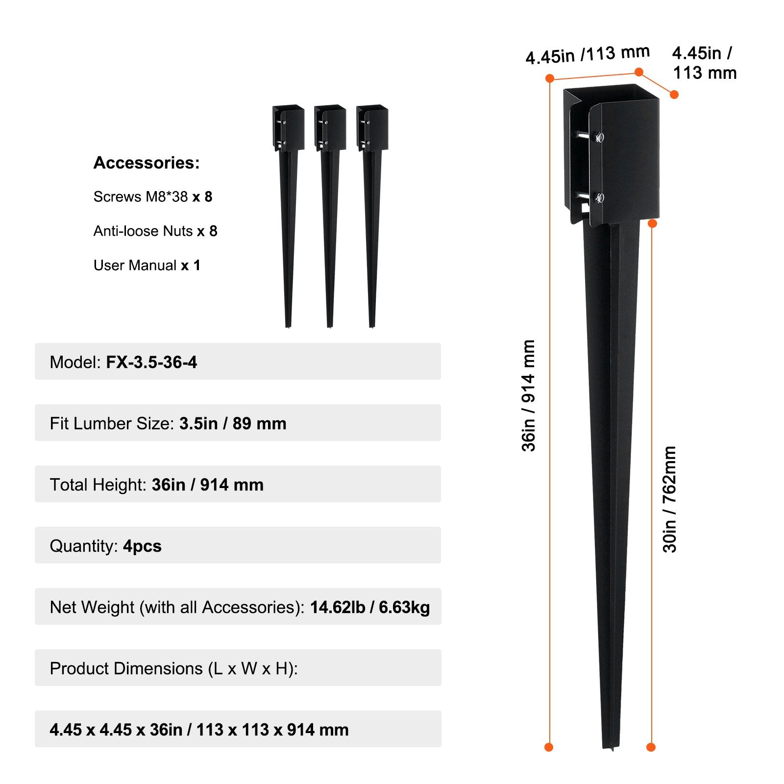 VEVOR Fence Post Anchor Ground Spike, 4 Pack 36 x 4 x 4 Inches Outer Diameter (Inner Diameter 3.5 x3.5 Inches), Metal Black Powder Coated Post Stake Ground, for Mailbox Deck Garden Railing 