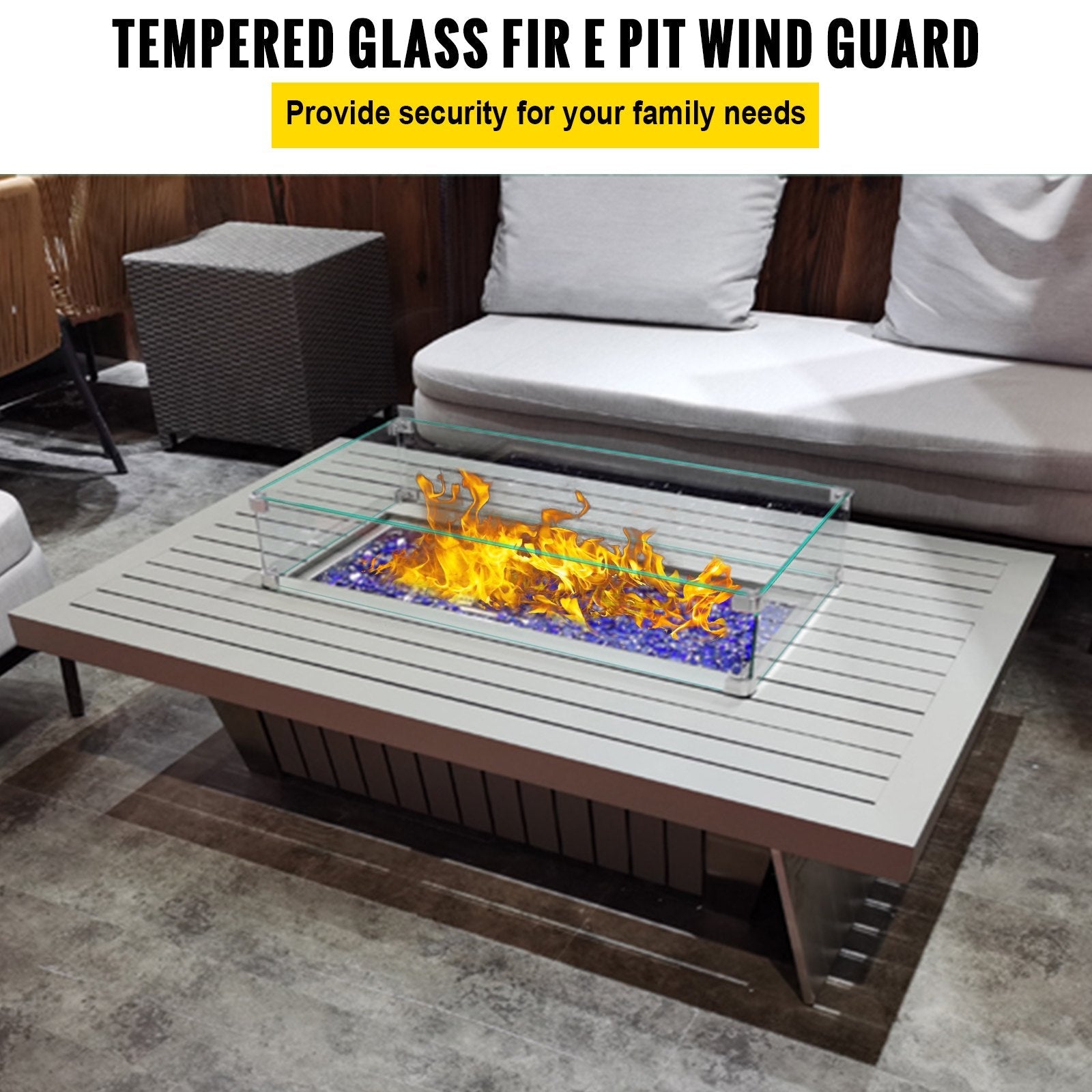 VEVOR Fire Pit Wind Guard, 29 x 13 x 6 inch Glass Flame Guard, Oblong Glass Shield, 0.3" Thick Fire Table, Clear Tempered Glass Flame Guard, Steady Feet Tree Pit Guard for Propane, Gas, Outdoor 