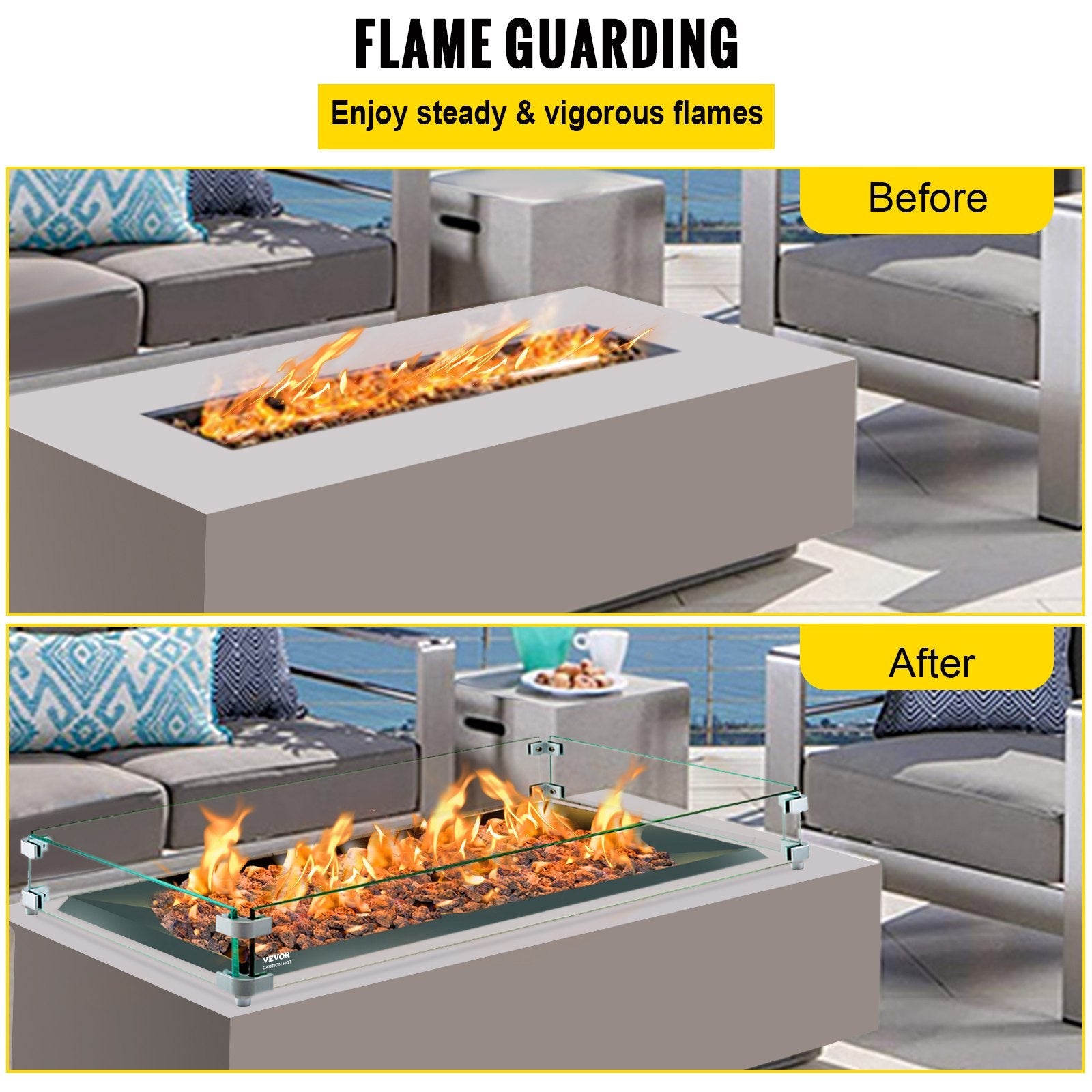 VEVOR Fire Pit Wind Guard, 29 x 13 x 6 inch Glass Flame Guard, Oblong Glass Shield, 0.3" Thick Fire Table, Clear Tempered Glass Flame Guard, Steady Feet Tree Pit Guard for Propane, Gas, Outdoor 