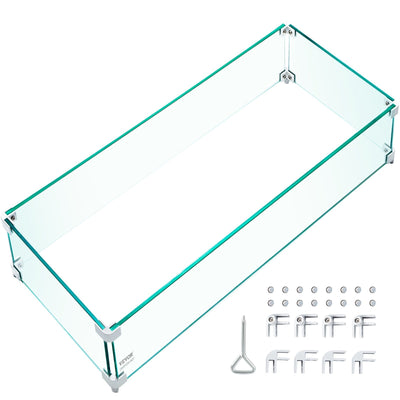 VEVOR Fire Pit Wind Guard, 29 x 13 x 6 inch Glass Flame Guard, Oblong Glass Shield, 0.3" Thick Fire Table, Clear Tempered Glass Flame Guard, Steady Feet Tree Pit Guard for Propane, Gas, Outdoor 