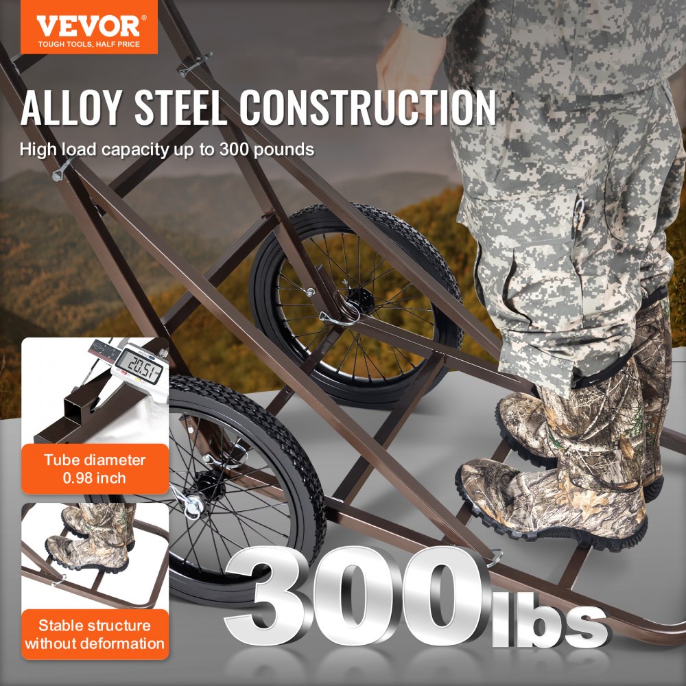 VEVOR Folding Deer Cart Game Hauler Utility Gear Dolly 300 LBS Capacity 