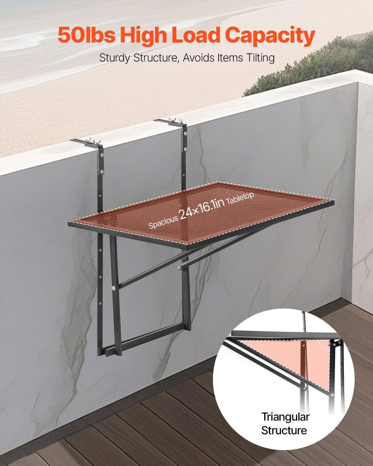 VEVOR Balcony Hanging Table 19 x 24 in Metal Patio Railing Table Adjustable 