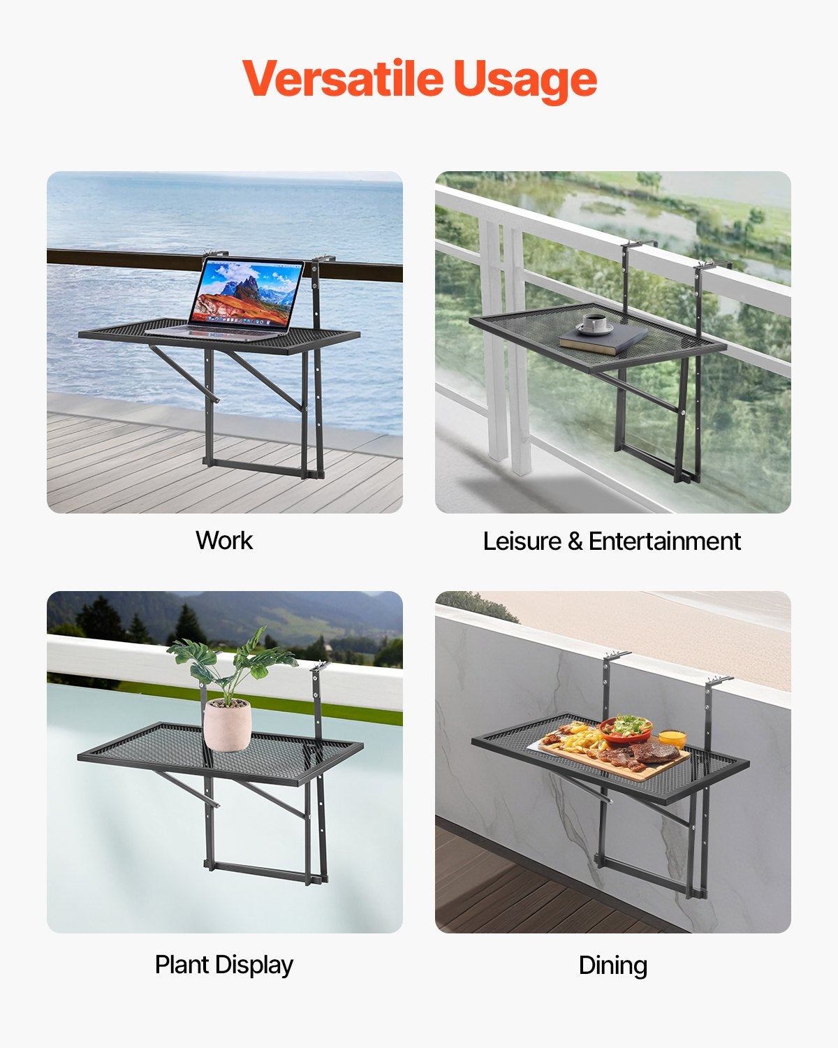 VEVOR Balcony Hanging Table 19 x 24 in Metal Patio Railing Table Adjustable 