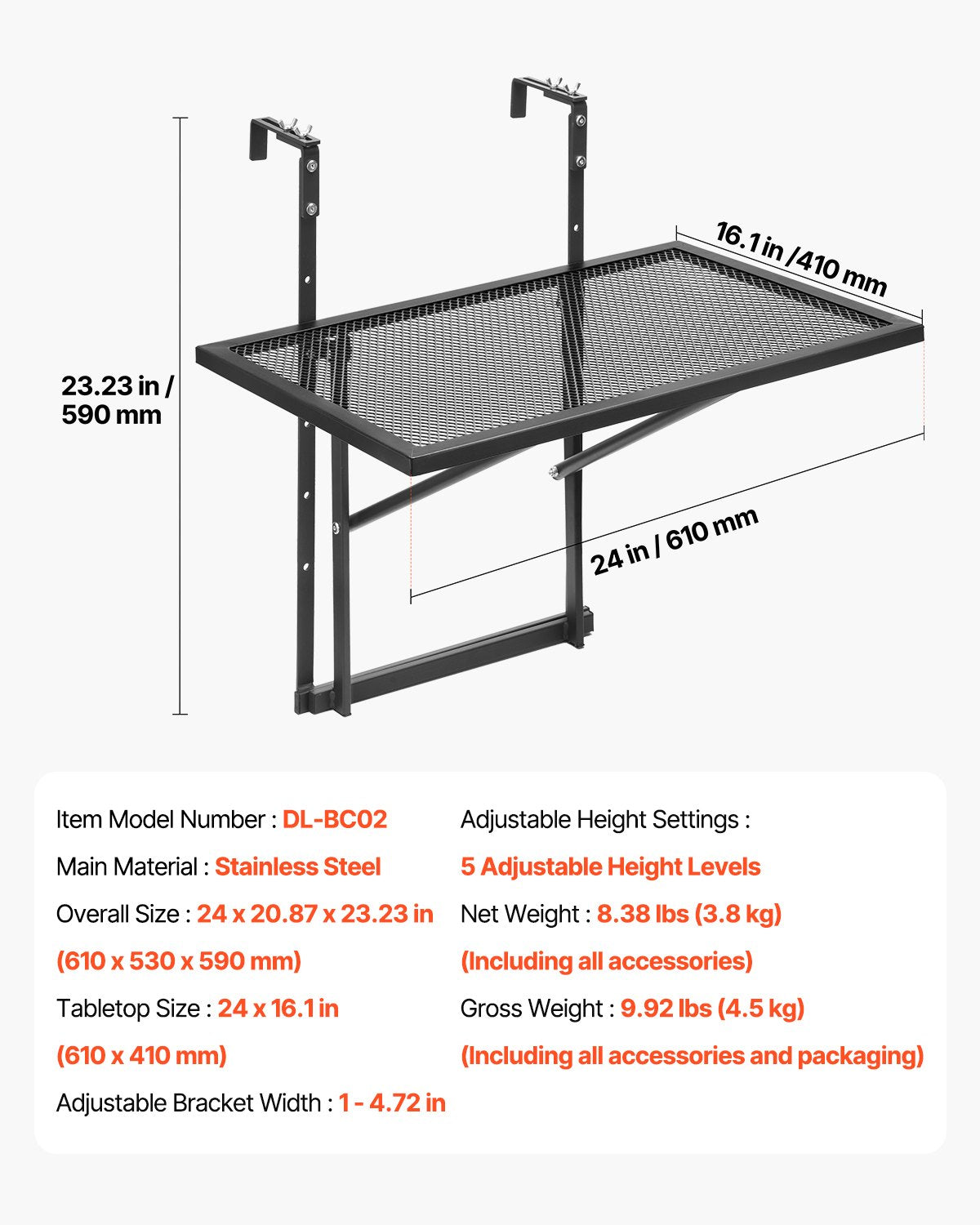 VEVOR Balcony Hanging Table 19 x 24 in Metal Patio Railing Table Adjustable 