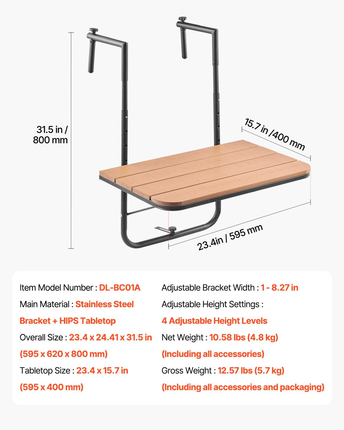 VEVOR Balcony Hanging Table 25 x 24 in Patio Railing Bar Table Adjusable 