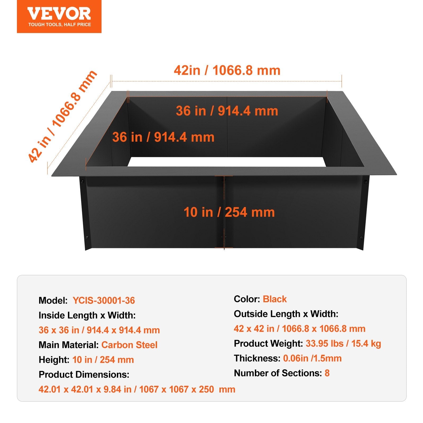 VEVOR Fire Pit Ring Square 42x42 in Outer Steel Liner DIY Campfire Ring Firepit 