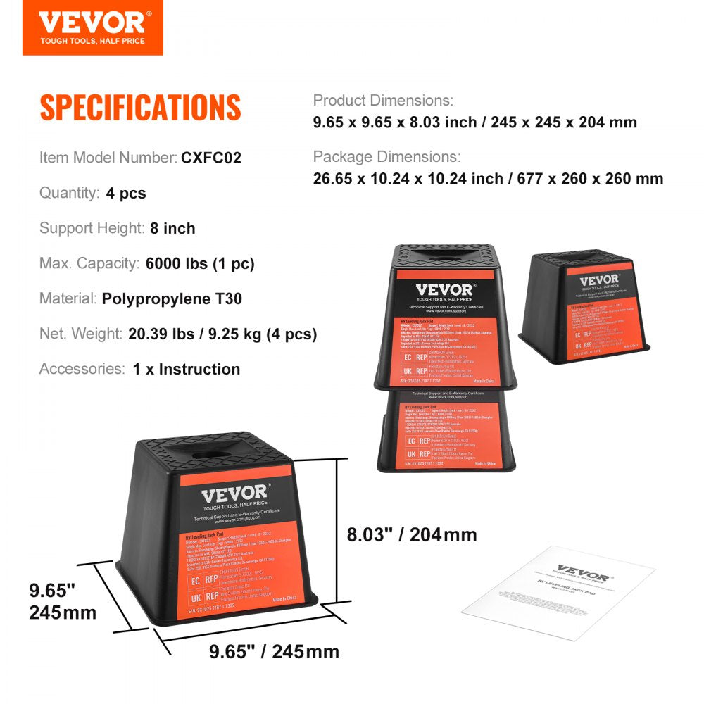 VEVOR Trailer Jack Block, 6000 lbs Capacity per RV Leveling Block, High-quality Polypropylene RV Camper Stabilizer Blocks, RV Travel Accessories Use for Any Tongue Jack, Post, Foot, 5th Wheels, 4-Pack 