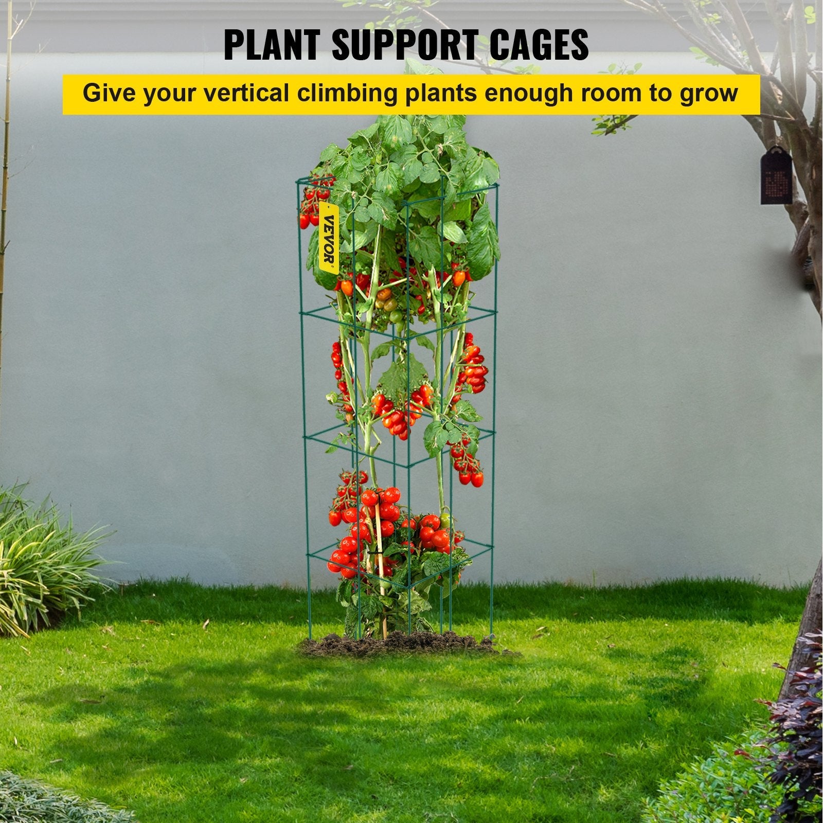 VEVOR Tomato Cages, 14.6" x 14.6" x 39.4", 6 Packs Square Plant Support Cages, Green PVC-coated Steel Tomato Towers for Climbing Vegetables, Plants, Flowers, Fruits 