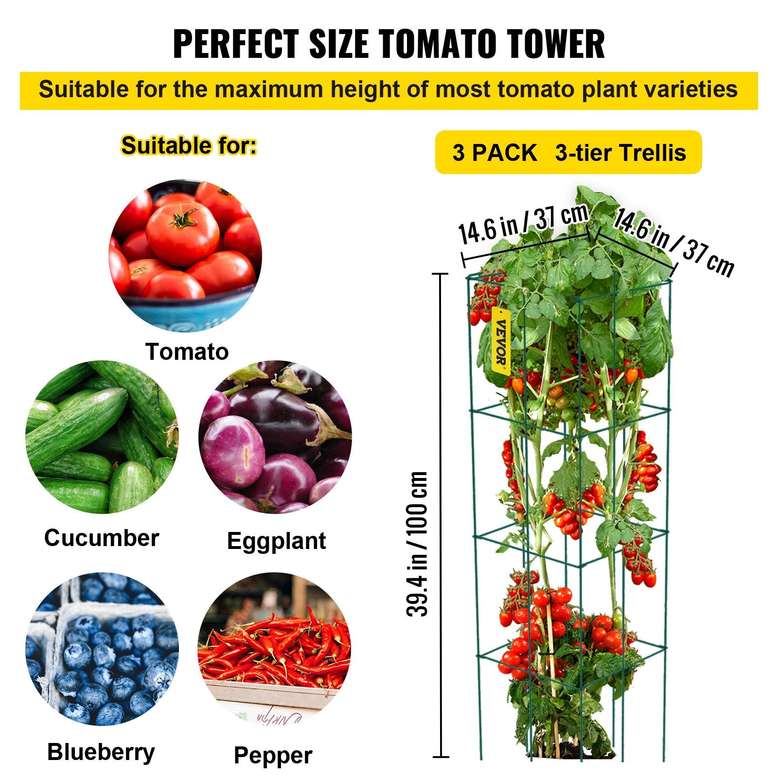 VEVOR Tomato Cages, 14.6" x 14.6" x 39.4", 6 Packs Square Plant Support Cages, Green PVC-coated Steel Tomato Towers for Climbing Vegetables, Plants, Flowers, Fruits 