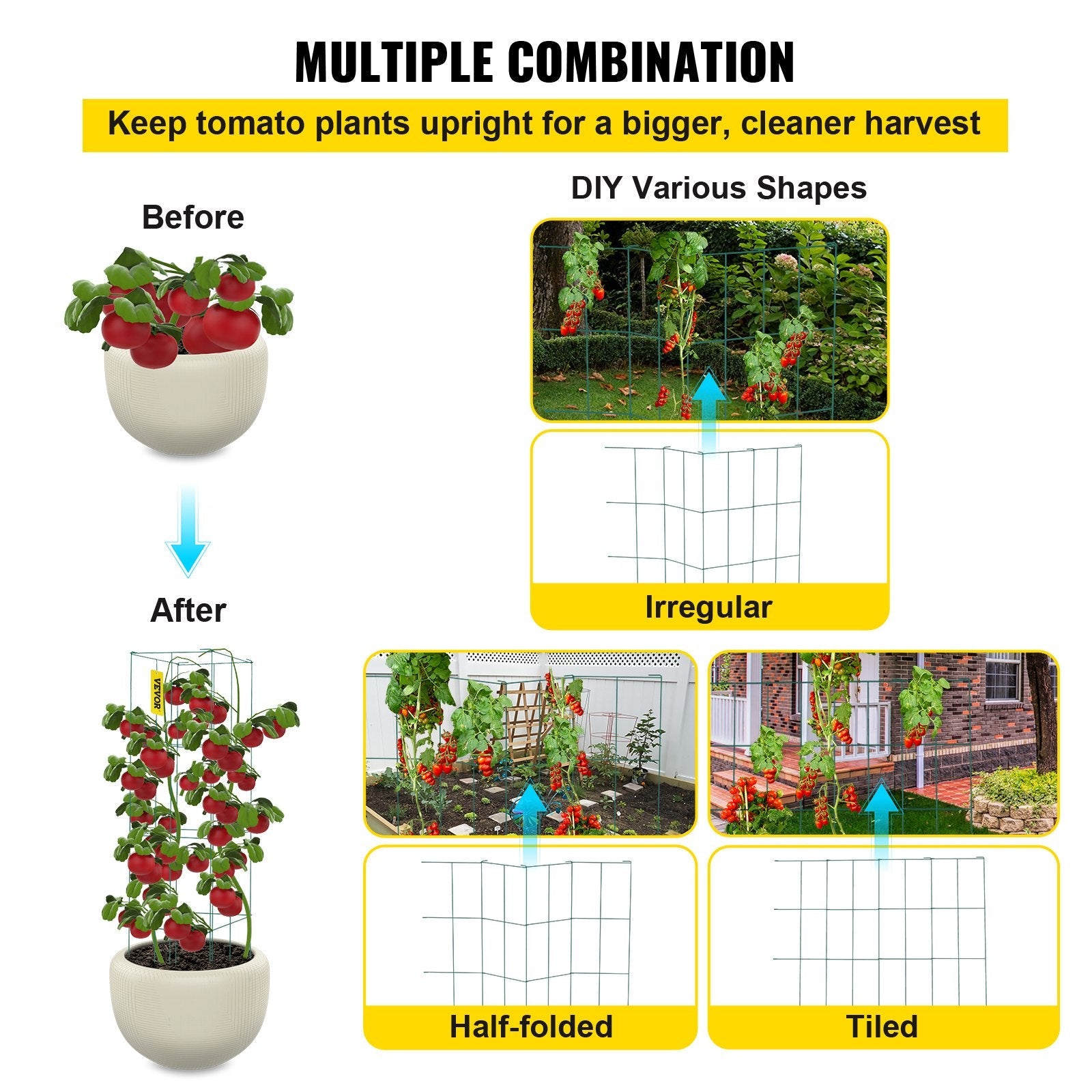 VEVOR Tomato Cages, 14.6" x 14.6" x 39.4", 6 Packs Square Plant Support Cages, Green PVC-coated Steel Tomato Towers for Climbing Vegetables, Plants, Flowers, Fruits 