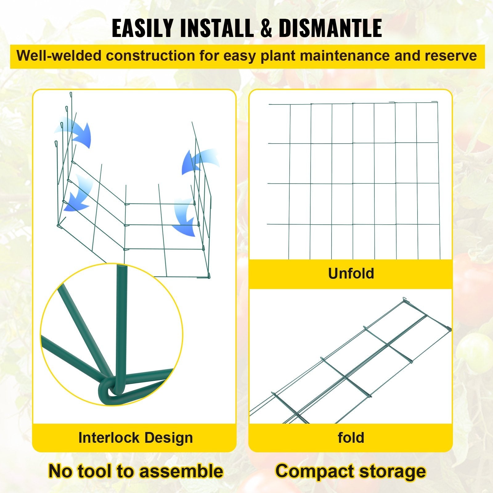 VEVOR Tomato Cages, 14.6" x 14.6" x 39.4", 6 Packs Square Plant Support Cages, Green PVC-coated Steel Tomato Towers for Climbing Vegetables, Plants, Flowers, Fruits 