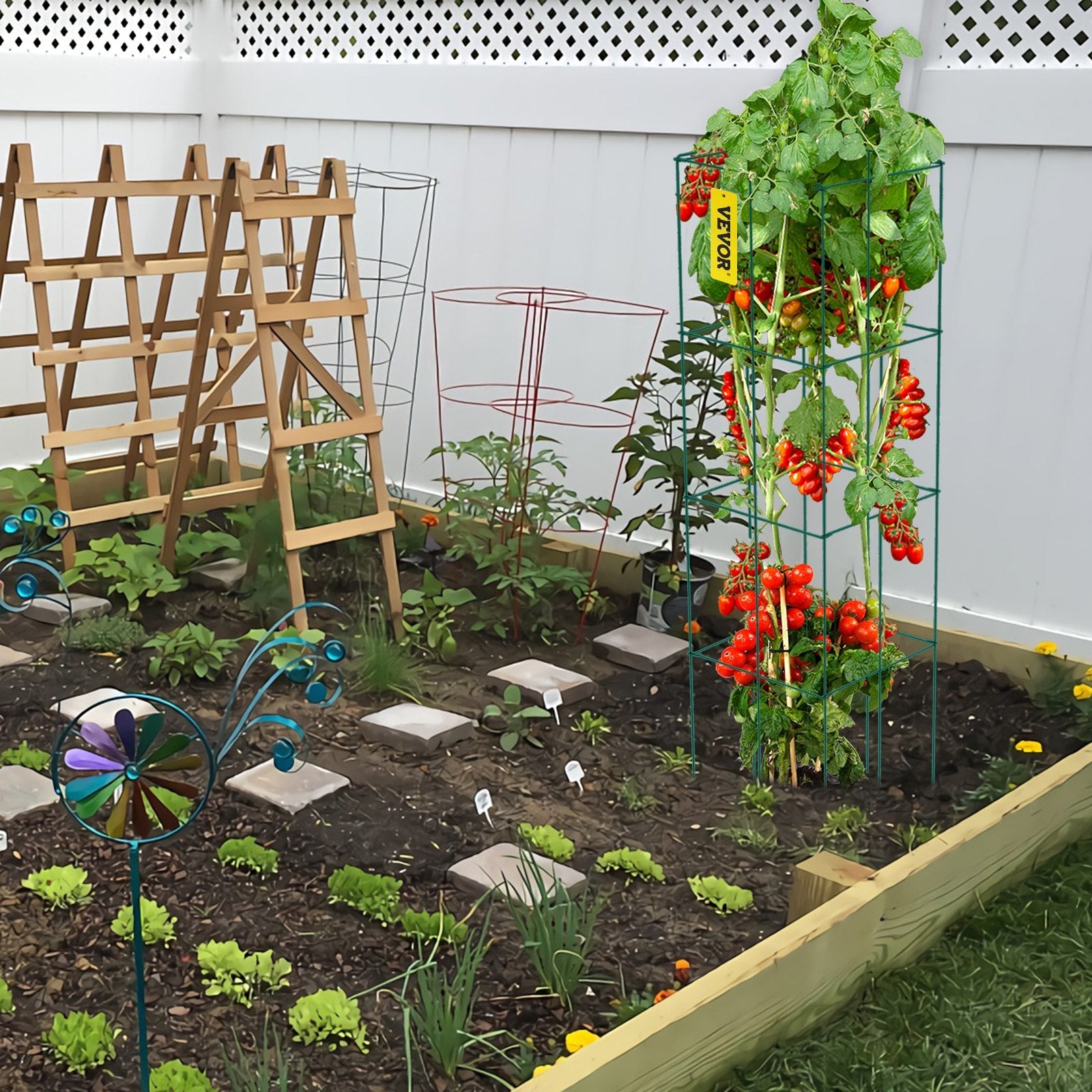 VEVOR Tomato Cages, 14.6" x 14.6" x 39.4", 6 Packs Square Plant Support Cages, Green PVC-coated Steel Tomato Towers for Climbing Vegetables, Plants, Flowers, Fruits 