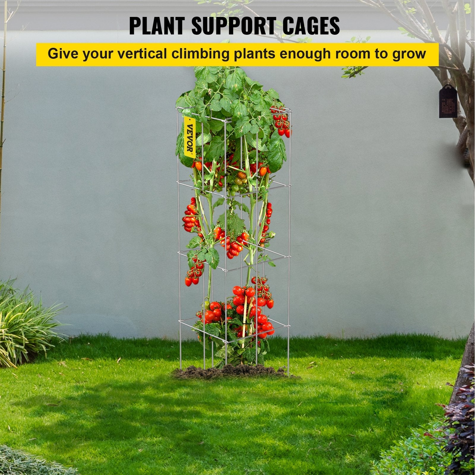 VEVOR Tomato Cages, 11.8" x 11.8" x 46.1", 5 Packs Square Plant Support Cages, Silver PVC-coated Steel Tomato Towers for Climbing Vegetables, Plants, Flowers, Fruits 