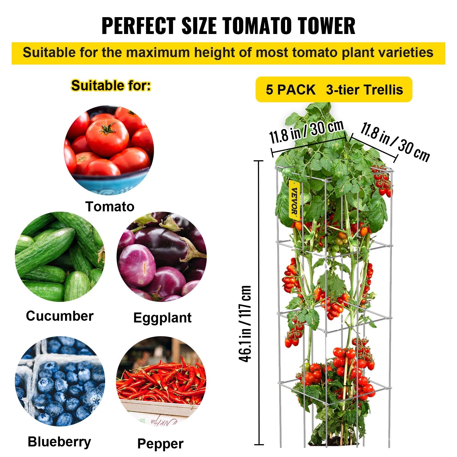 VEVOR Tomato Cages, 11.8" x 11.8" x 46.1", 5 Packs Square Plant Support Cages, Silver PVC-coated Steel Tomato Towers for Climbing Vegetables, Plants, Flowers, Fruits 