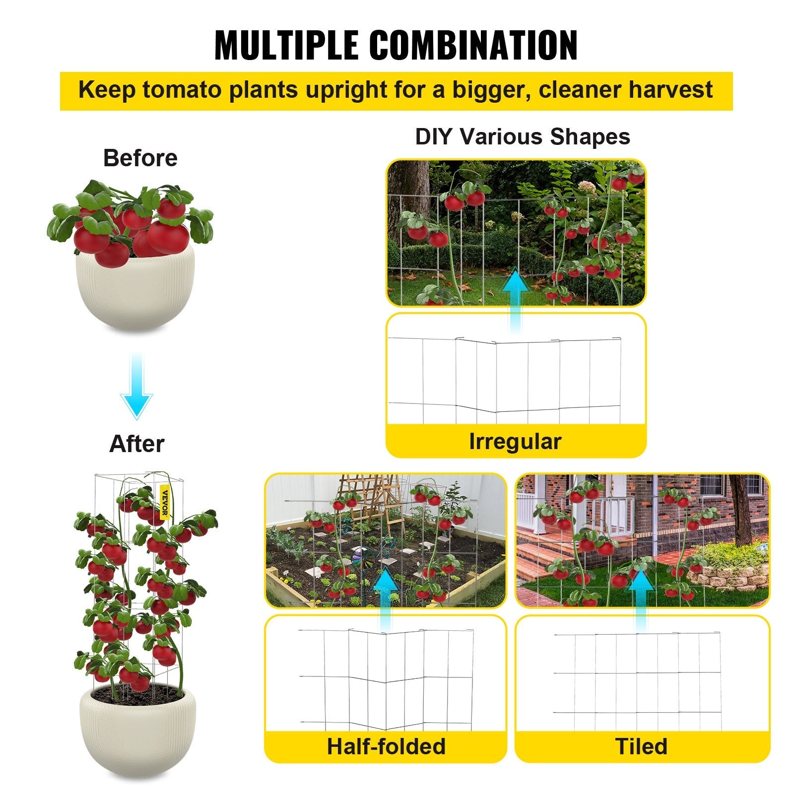 VEVOR Tomato Cages, 11.8" x 11.8" x 46.1", 5 Packs Square Plant Support Cages, Silver PVC-coated Steel Tomato Towers for Climbing Vegetables, Plants, Flowers, Fruits 