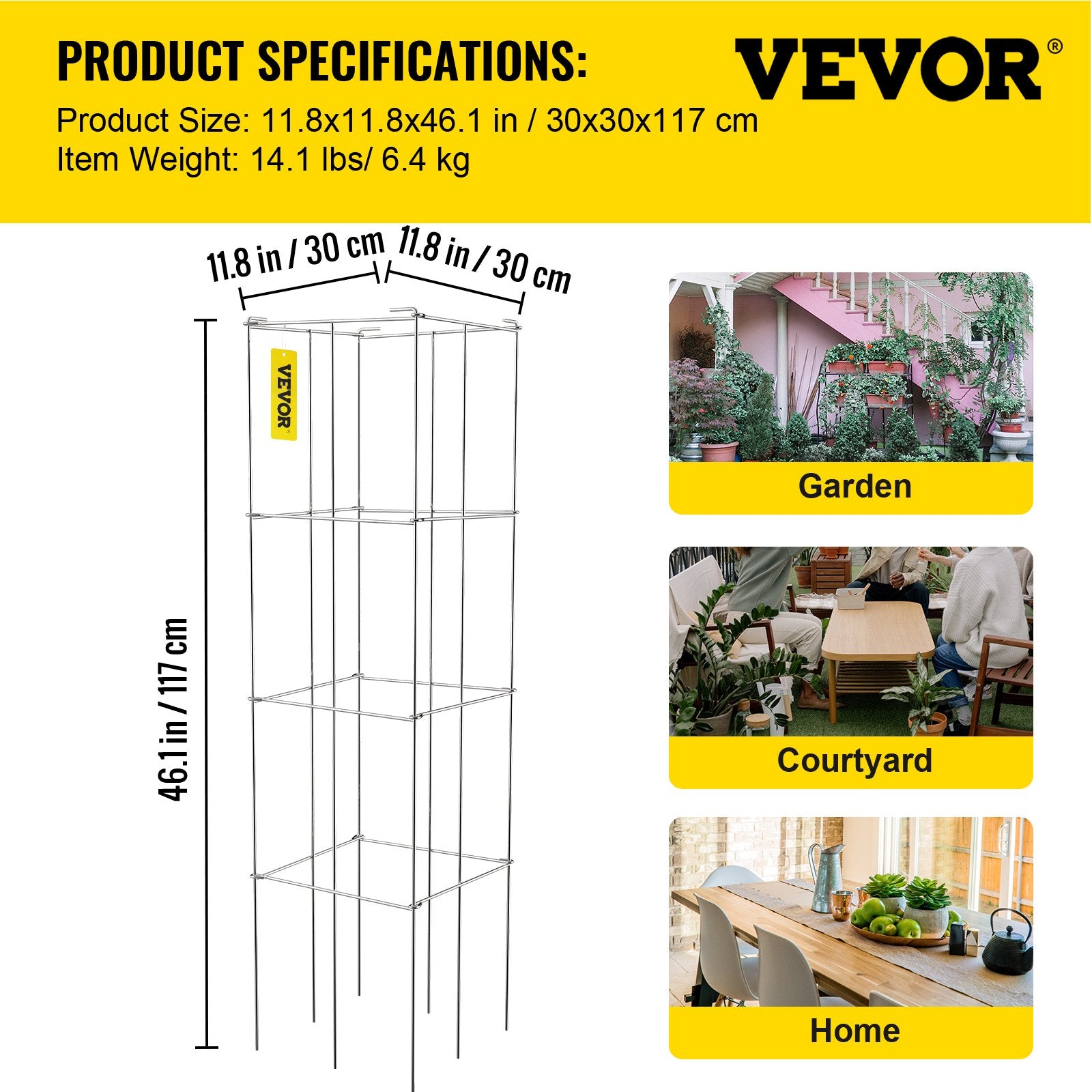 VEVOR Tomato Cages, 11.8" x 11.8" x 46.1", 5 Packs Square Plant Support Cages, Silver PVC-coated Steel Tomato Towers for Climbing Vegetables, Plants, Flowers, Fruits 