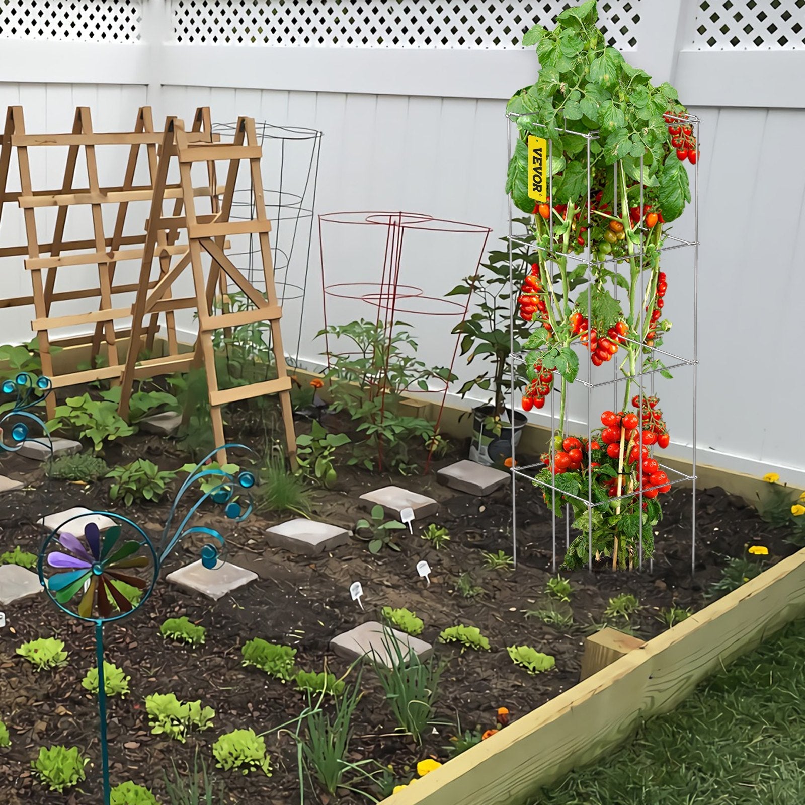 VEVOR Tomato Cages, 11.8" x 11.8" x 46.1", 5 Packs Square Plant Support Cages, Silver PVC-coated Steel Tomato Towers for Climbing Vegetables, Plants, Flowers, Fruits 