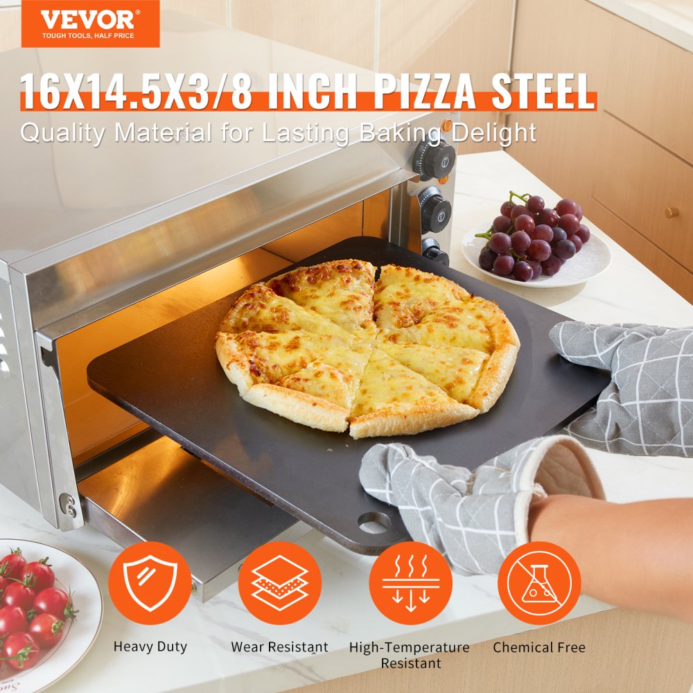 VEVOR Pizza Steel, 16" x 14.5" x 3/8" Pizza Steel Plate for Oven, Pre-Seasoned Carbon Steel Pizza Baking Stone with 20X Higher Conductivity, Heavy Duty Rustproof Pizza Pan for Outdoor Grill, Indoor Ov 