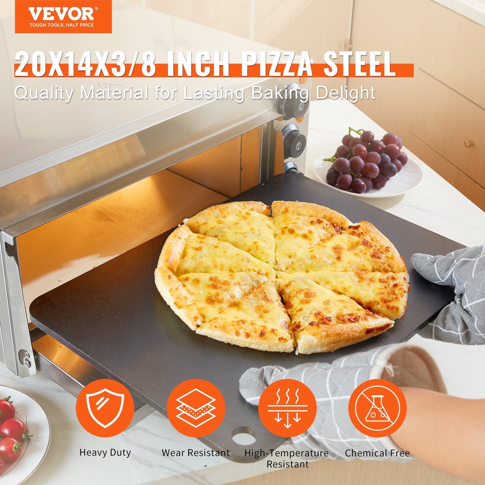 VEVOR Pizza Steel, 20" x 14" x 3/8" Pizza Steel Plate for Oven, Pre-Seasoned Carbon Steel Pizza Baking Stone with 20X Higher Conductivity, Heavy Duty Rustproof Pizza Pan for Outdoor Grill, Indoor Oven 