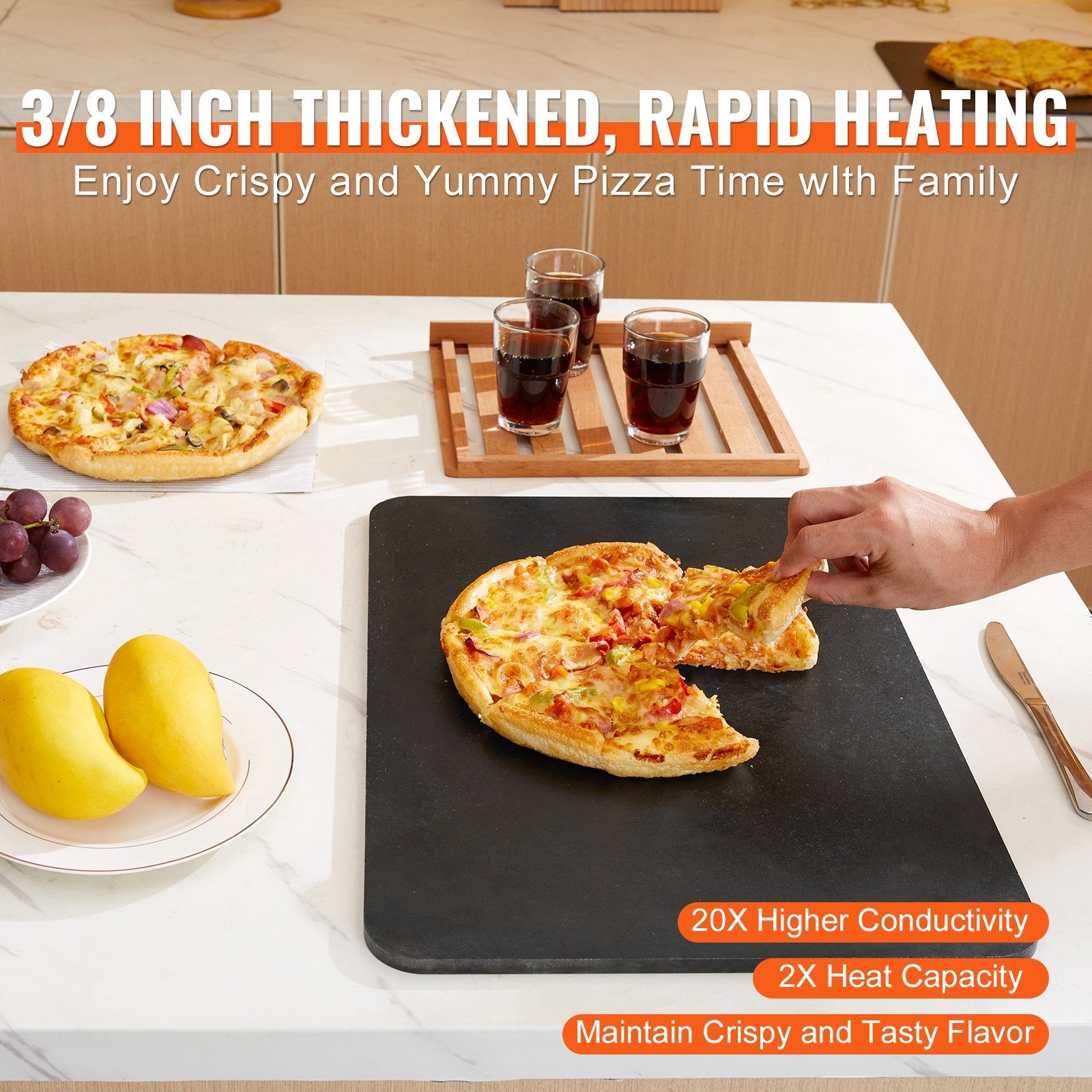 VEVOR Pizza Steel, 20" x 14" x 3/8" Pizza Steel Plate for Oven, Pre-Seasoned Carbon Steel Pizza Baking Stone with 20X Higher Conductivity, Heavy Duty Rustproof Pizza Pan for Outdoor Grill, Indoor Oven 