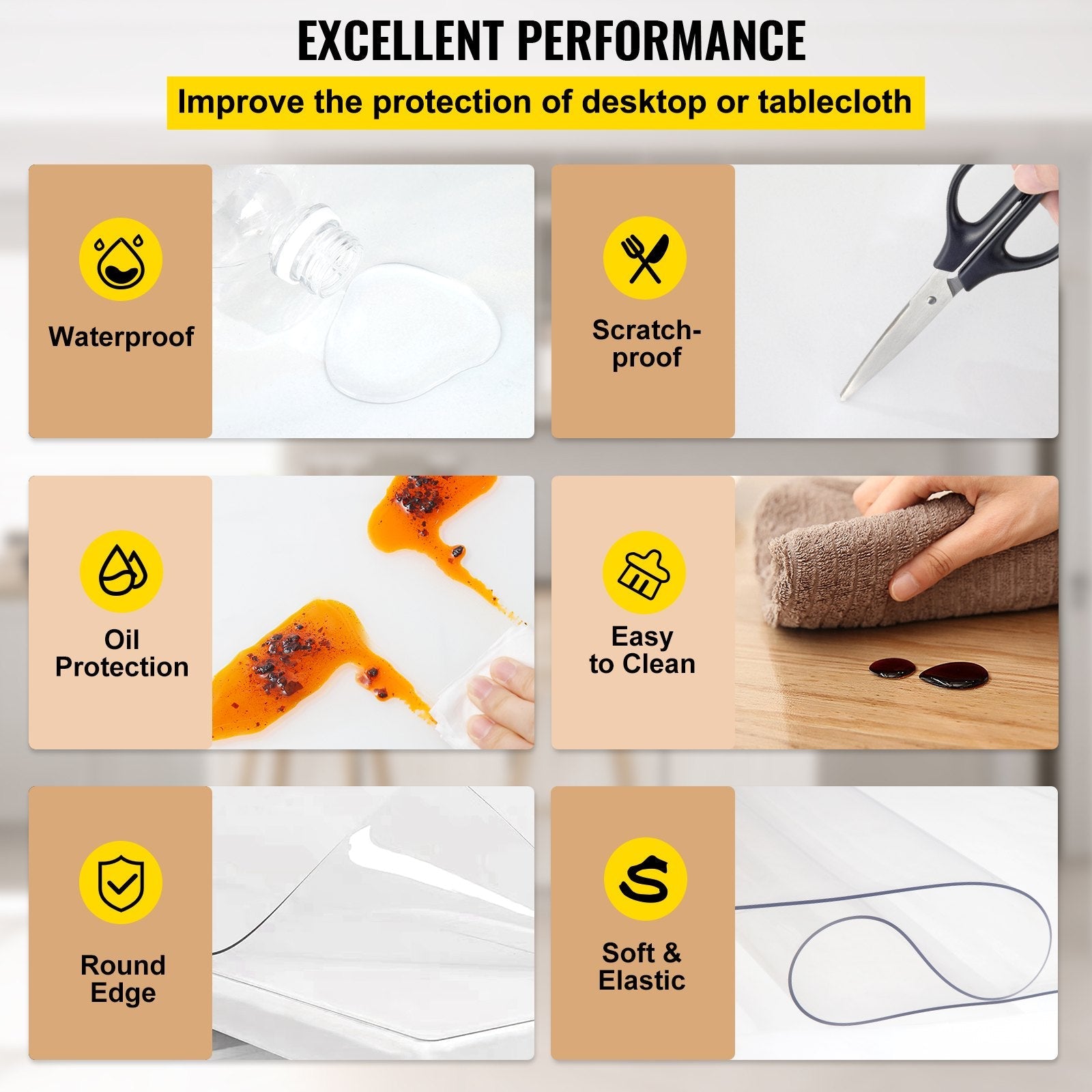 VEVOR Plastic Table Cover 36 x 60 Inch, 2 mm Thick Clear Table Protector, Rectangle Clear Desk Mat, Waterproof & Easy Cleaning for Office Dresser Night Stand 