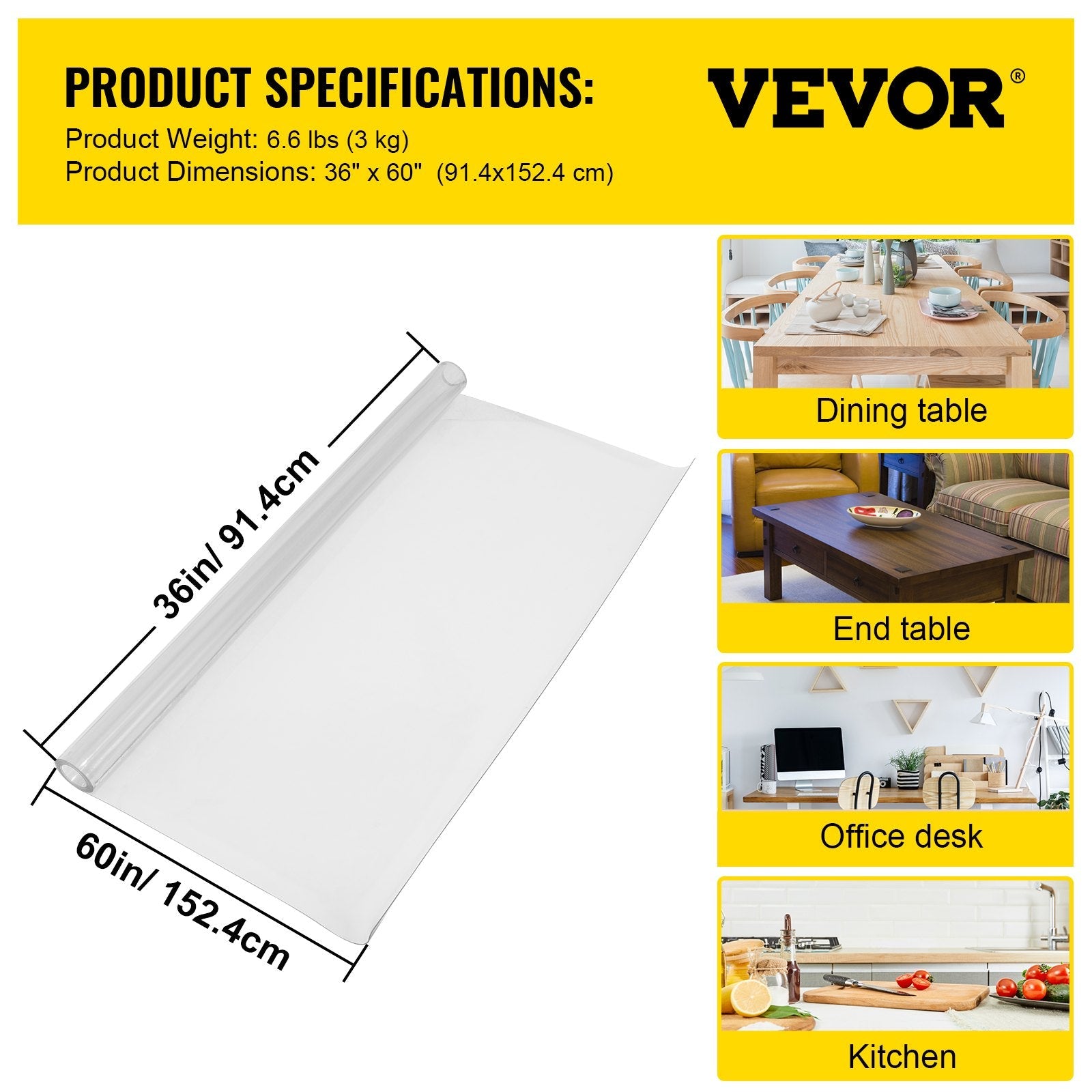VEVOR Plastic Table Cover 36 x 60 Inch, 2 mm Thick Clear Table Protector, Rectangle Clear Desk Mat, Waterproof & Easy Cleaning for Office Dresser Night Stand 