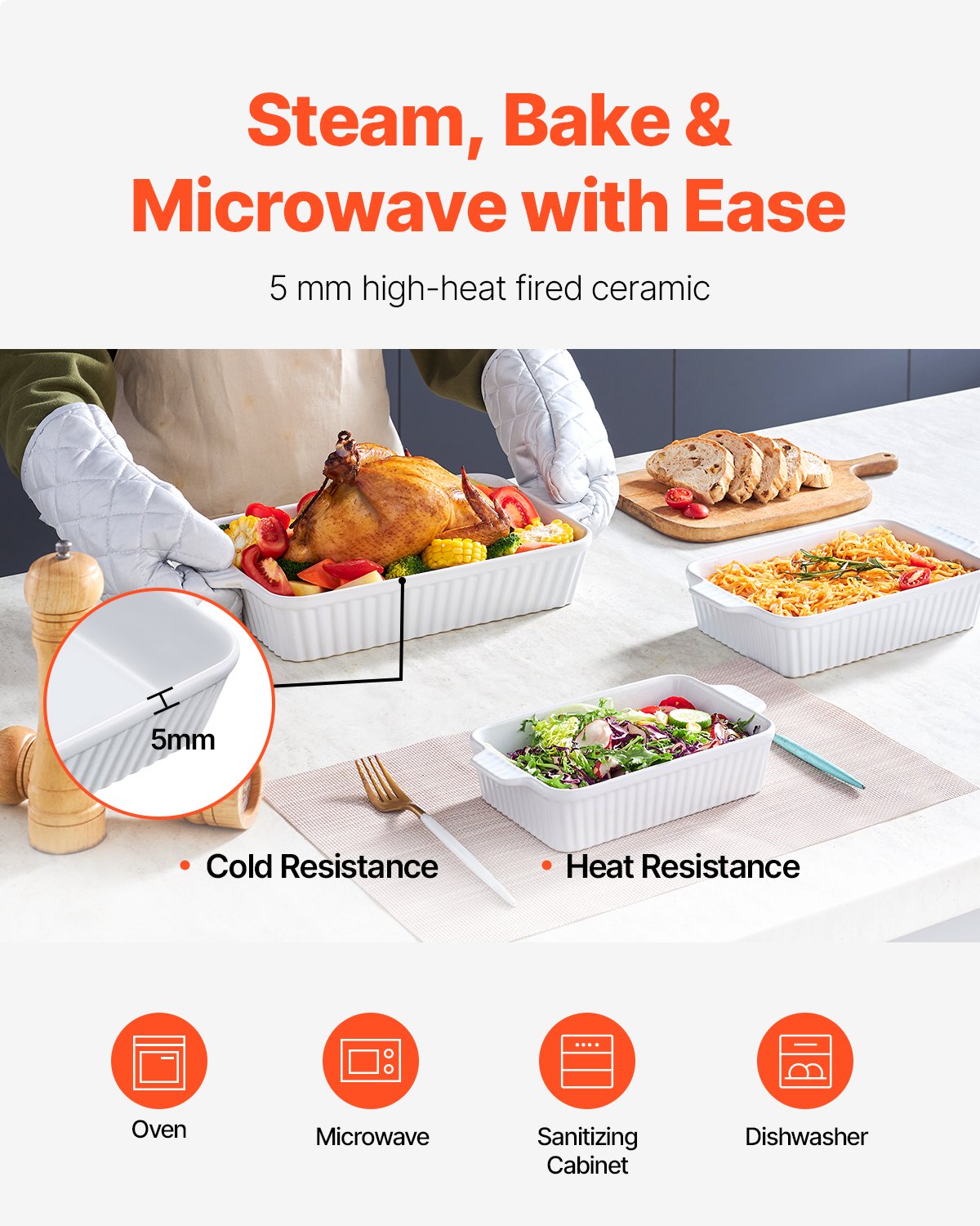 VEVOR Ceramic Baking Dish 3 Pieces Rectangular Bakeware Set Deep for Baking 