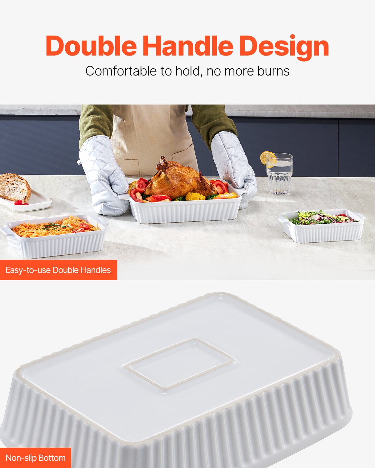 VEVOR Ceramic Baking Dish 3 Pieces Rectangular Bakeware Set Deep for Baking 