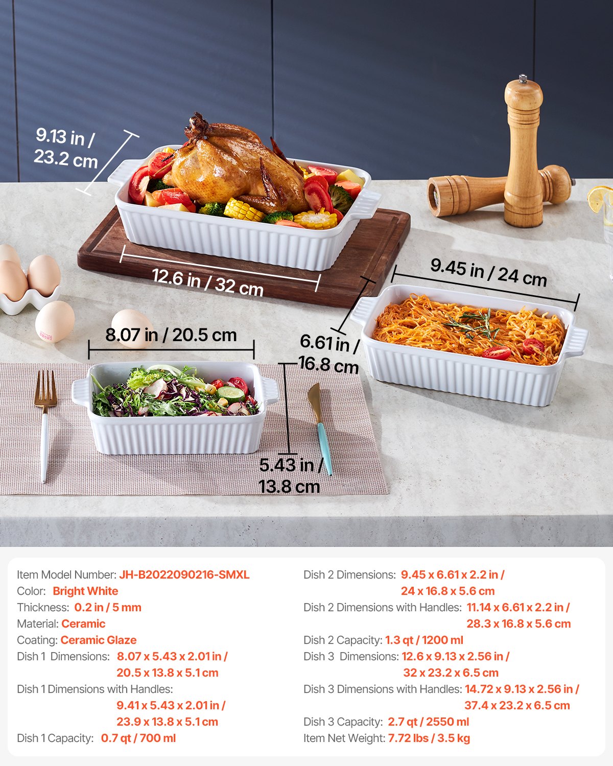 VEVOR Ceramic Baking Dish 3 Pieces Rectangular Bakeware Set Deep for Baking 