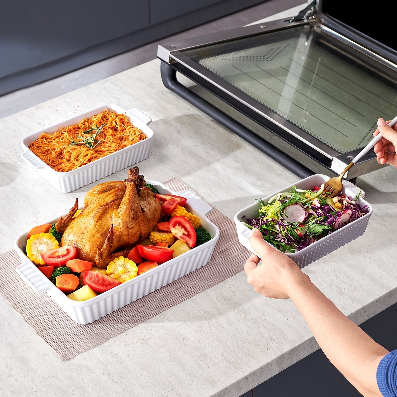 VEVOR Ceramic Baking Dish 3 Pieces Rectangular Bakeware Set Deep for Baking 