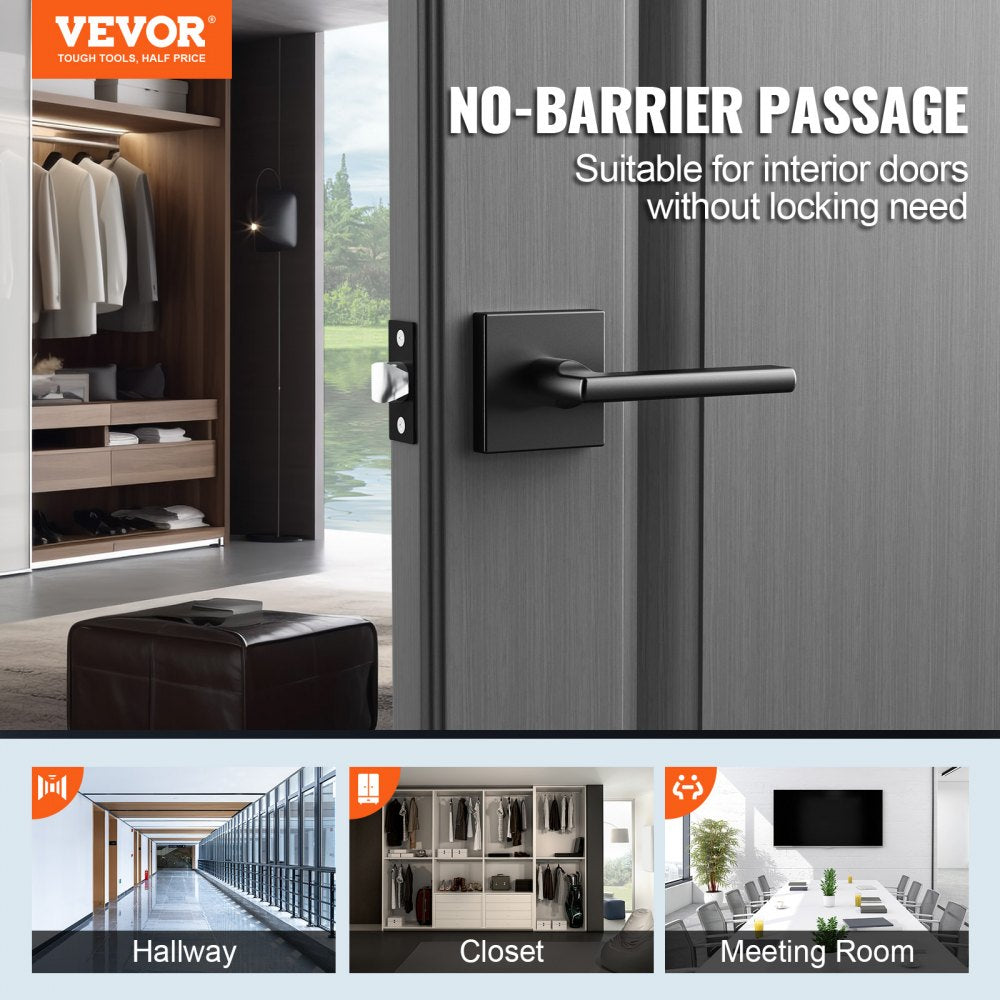 VEVOR Passage Door Handle, 1 Pack Matte Black Door Lever, Left or Right Handing Reversible Lever Non-Locking, 45° Rotation to Open, Square Interior Door Handles for Hallways, Closets, Meeting Spaces 