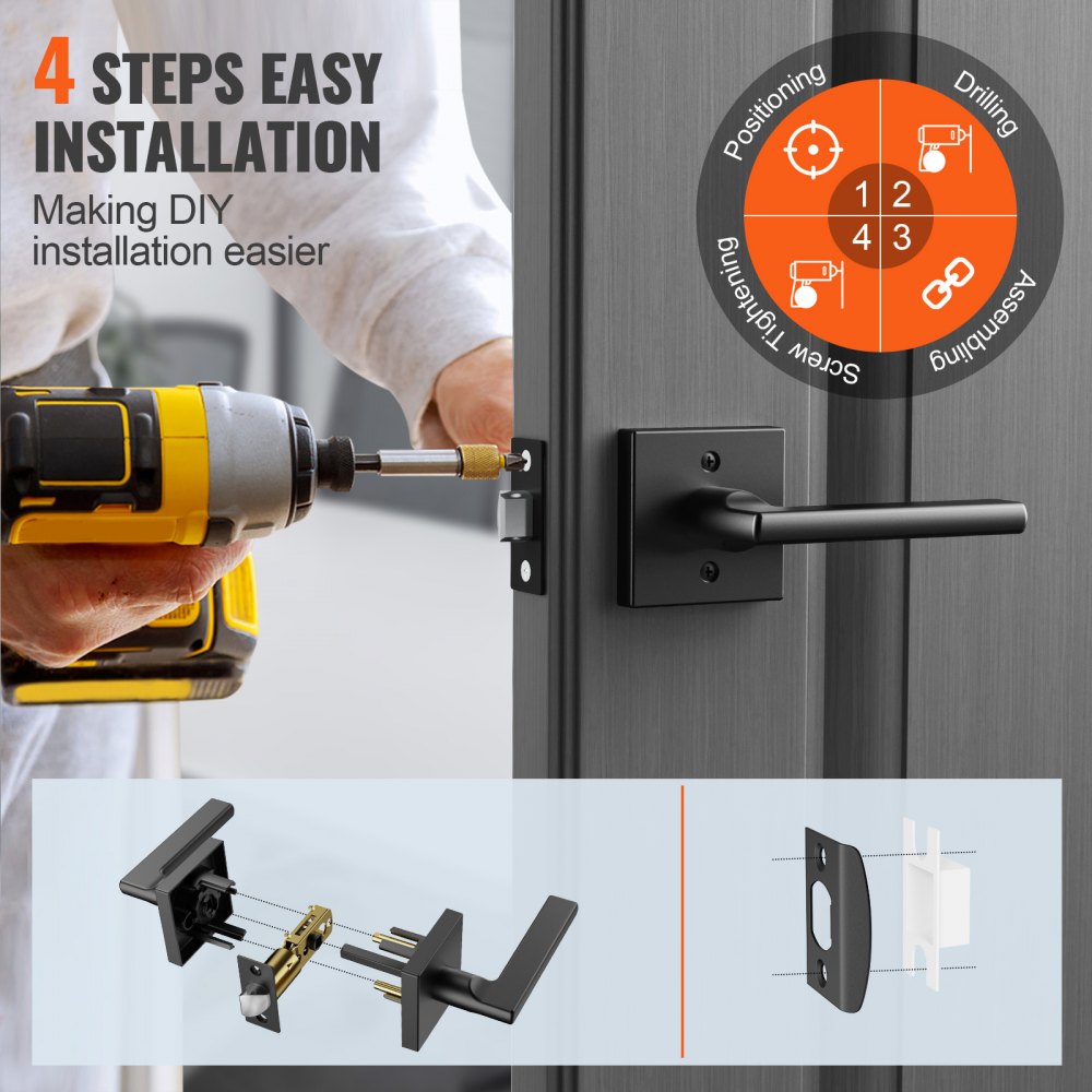 VEVOR Passage Door Handle, 1 Pack Matte Black Door Lever, Left or Right Handing Reversible Lever Non-Locking, 45° Rotation to Open, Square Interior Door Handles for Hallways, Closets, Meeting Spaces 